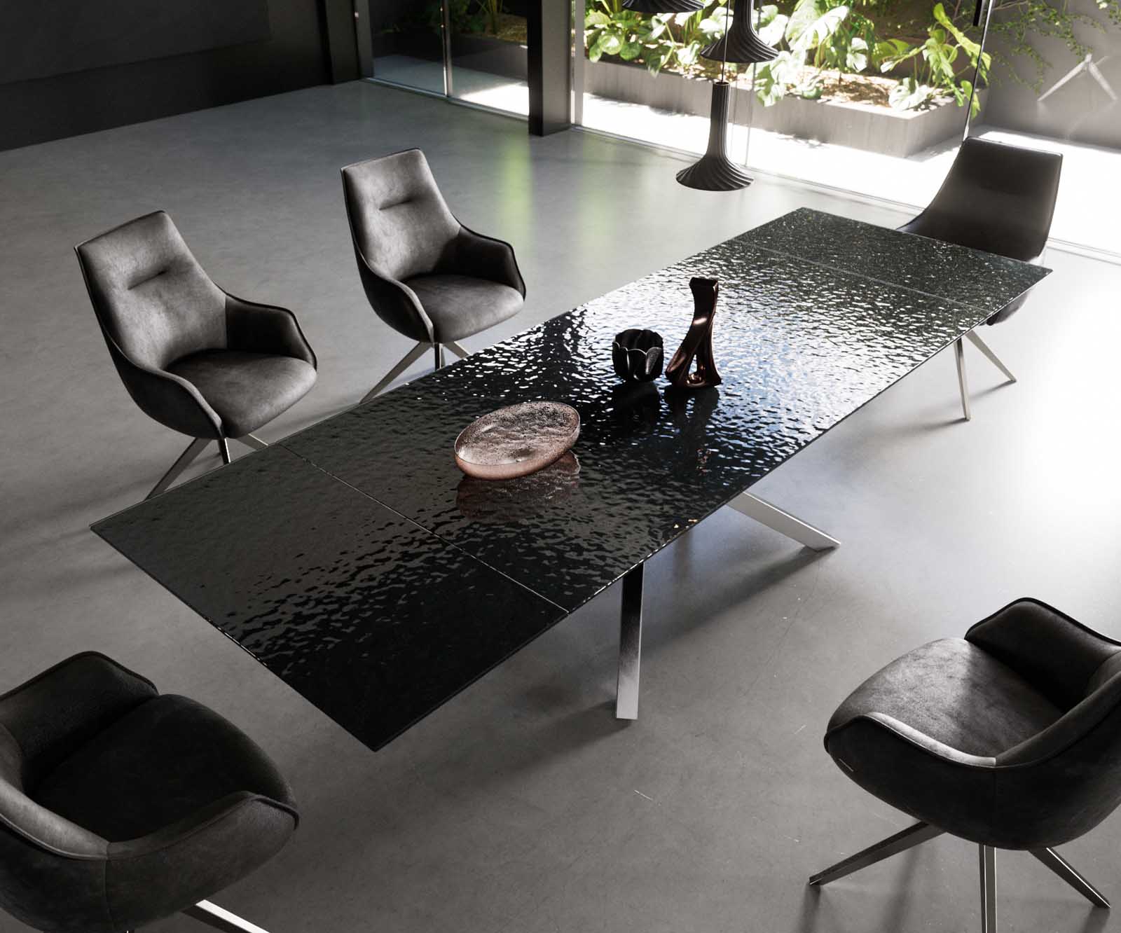 Stół do jadalni Edge 200-300x100 cm szkło reliefowe czarne efekt 3D rama Cross stal nierdzewna rozkładany 4