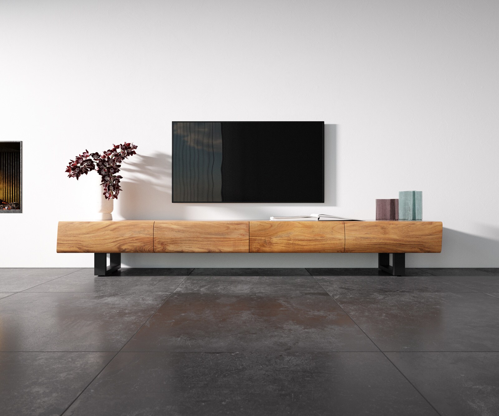 Szafka RTV New Live-Edge 240 cm akacja naturalna 4 szuflady nóżki płozowe czarny metal 3