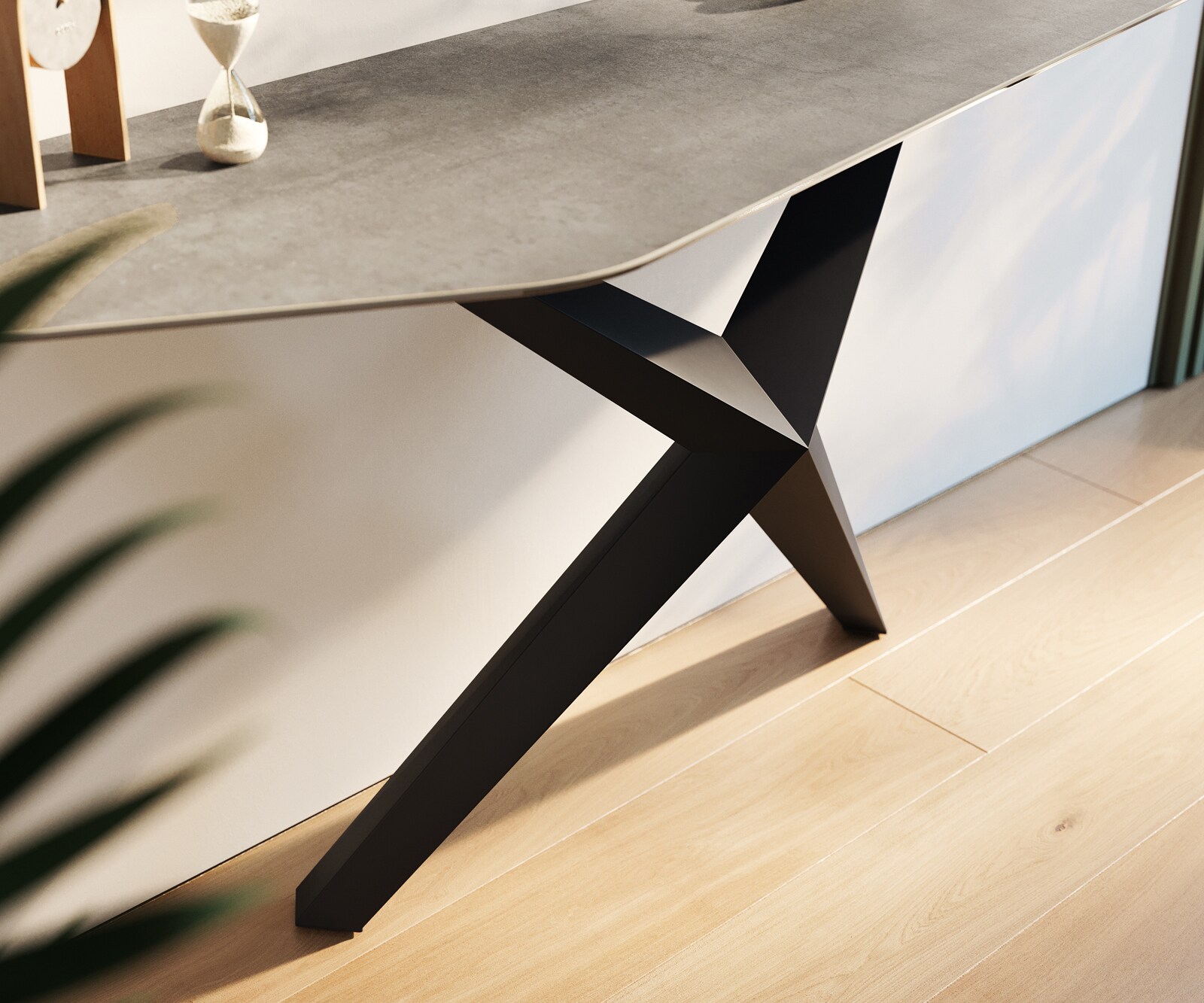 Konsola Edge wielokątna 180x50 cm ceramika w kolorze betonowej szarości podstawa Zentharo metal czarny 6