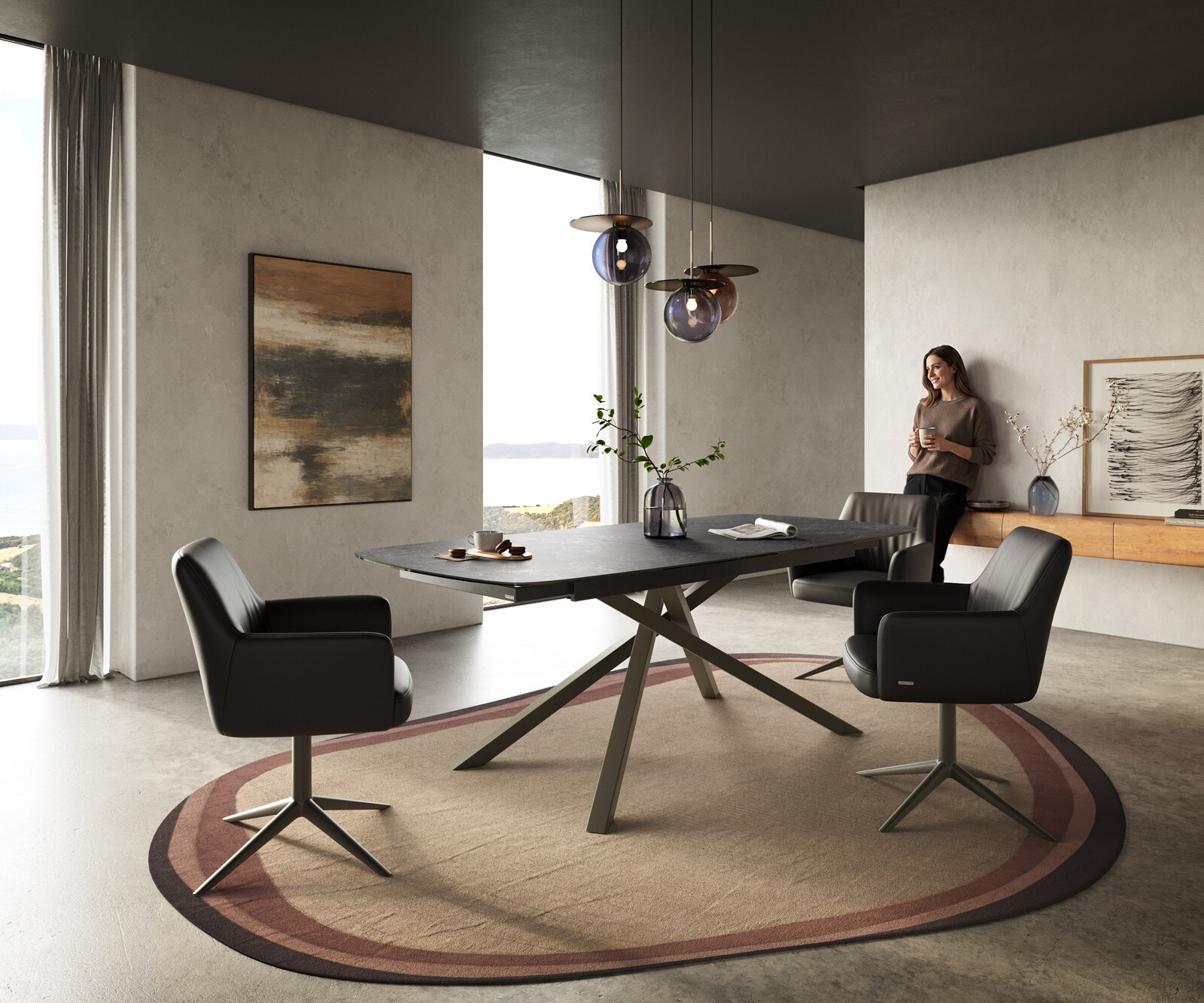 Stół do jadalni Edge w kształcie beczki 180-220x100 cm ceramika Laminam® Nero Greco Anthrazit rama Cross w kolorze tytanu rozkładany 6