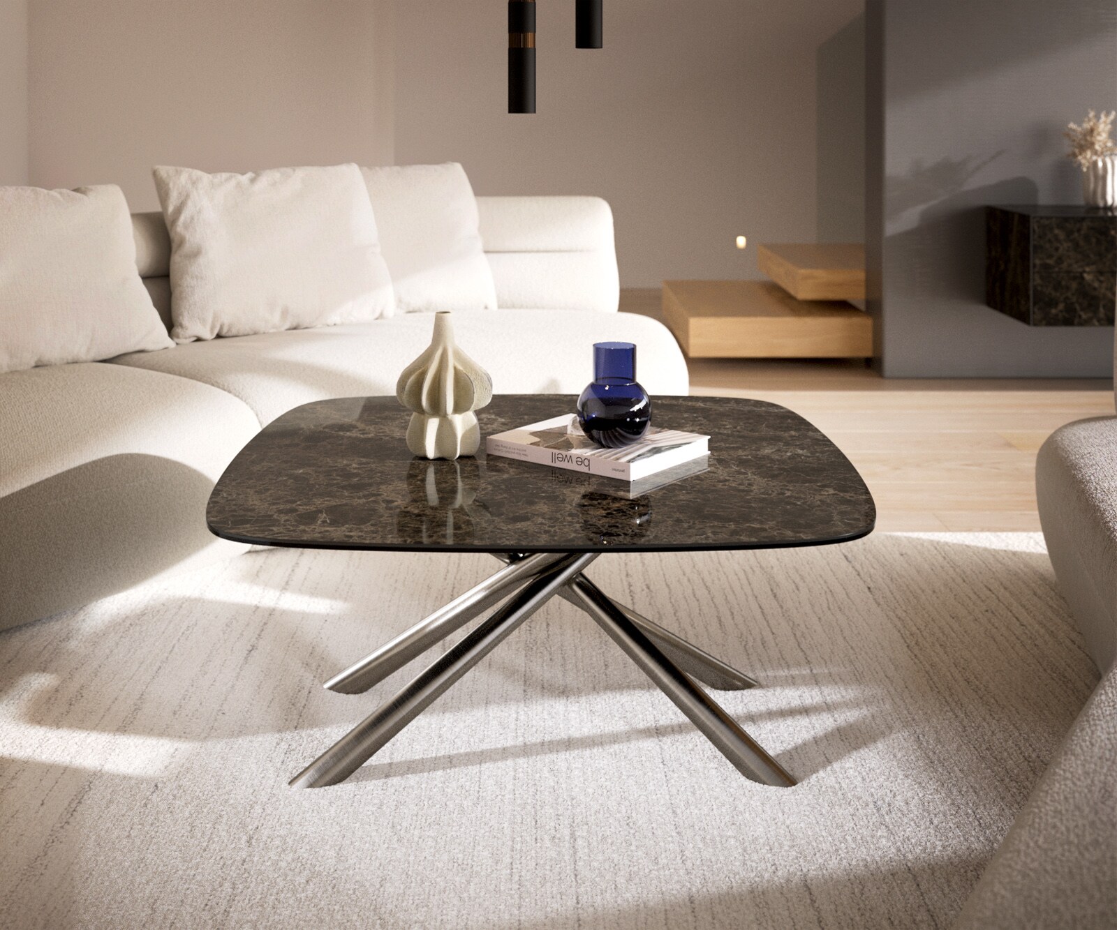 Stolik kawowy Edge w kształcie beczki 90x90 cm ceramika Laminam® Emperador Extra Lucidato ciemnobrązowa podstawa Sarity stal nierdzewna szczotkowana 2