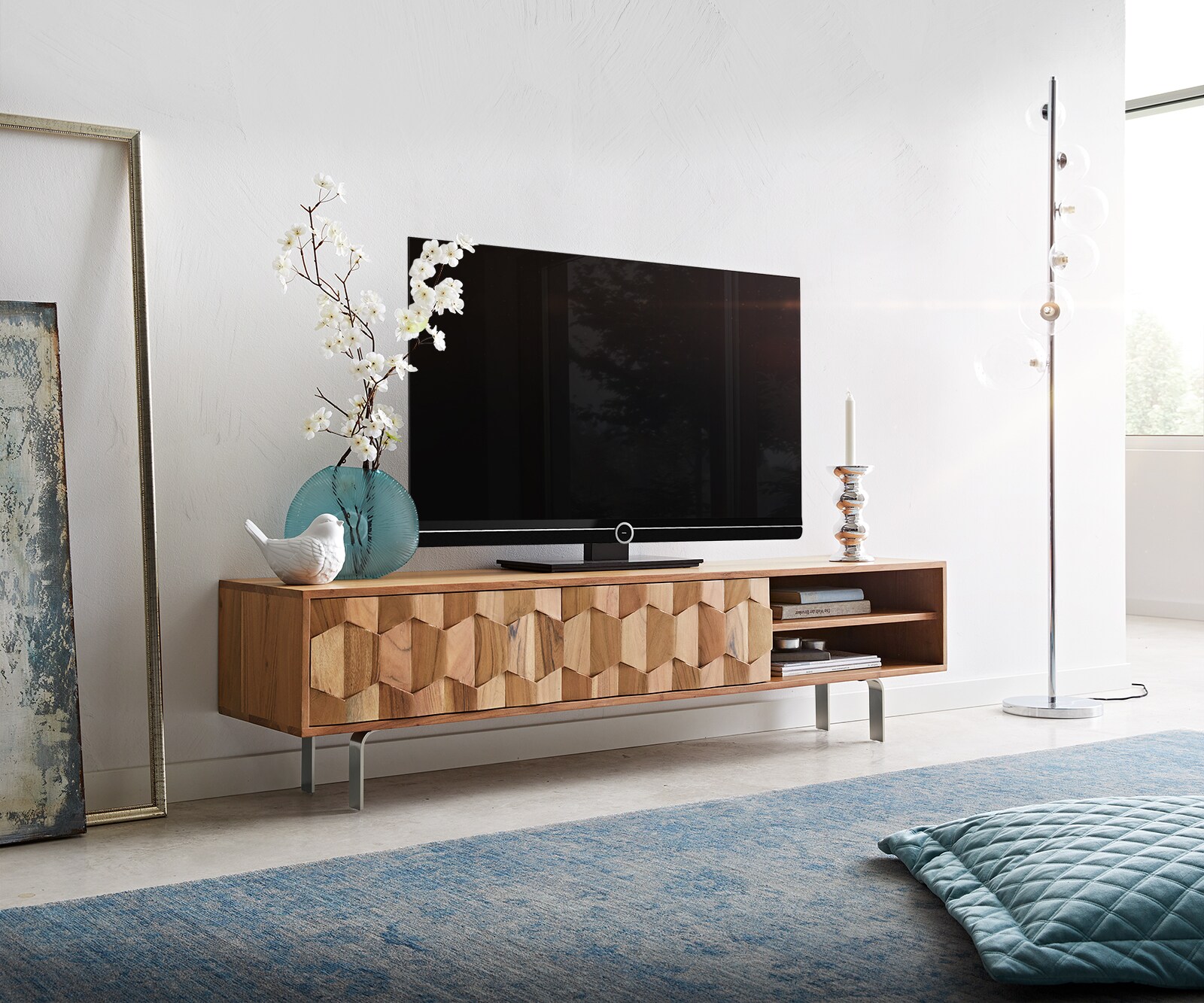 Szafka RTV Fevo 160 cm akacja naturalna 2 drzwi nóżki L