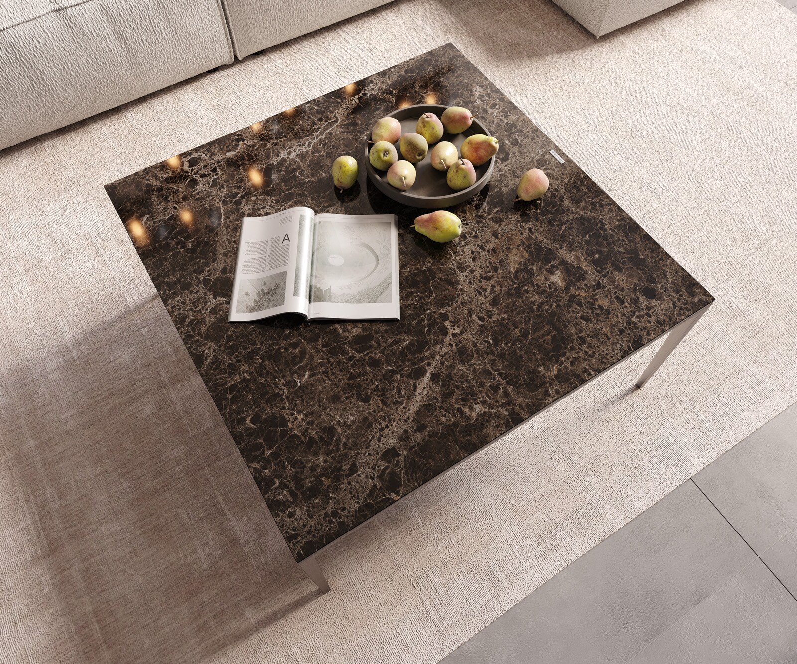 Stolik kawowy Levente 85x85cm ceramika Emperador Extra Lucidato ciemnobrązowy rama stal nierdzewna srebrny 4