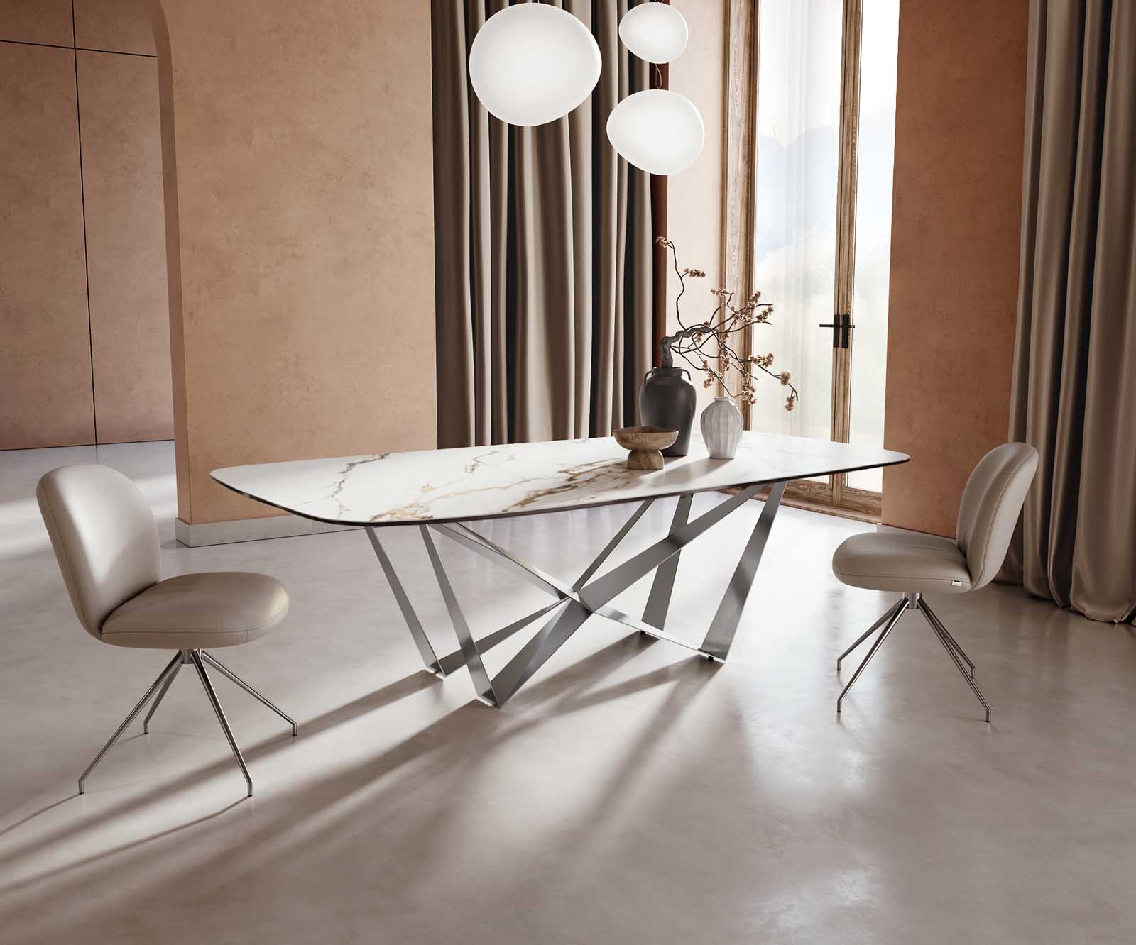 Stół do jadalni Edge kształt beczki 240x120cm ceramika Calacatta Luxe biało-złoto-szary rama Spider stal nierdzewna 1