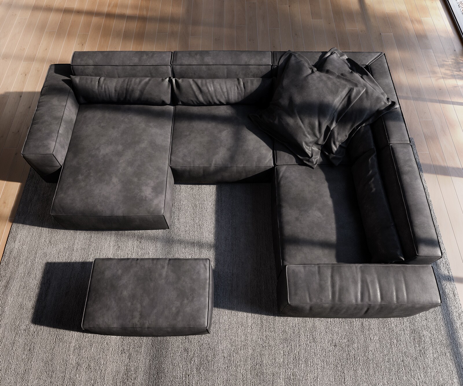 Sofa w kształcie litery U Sirpio 300x210 cm eko-skóra antracytowa vintage szezlong z możliwością obustronnego montażu z pufem 4