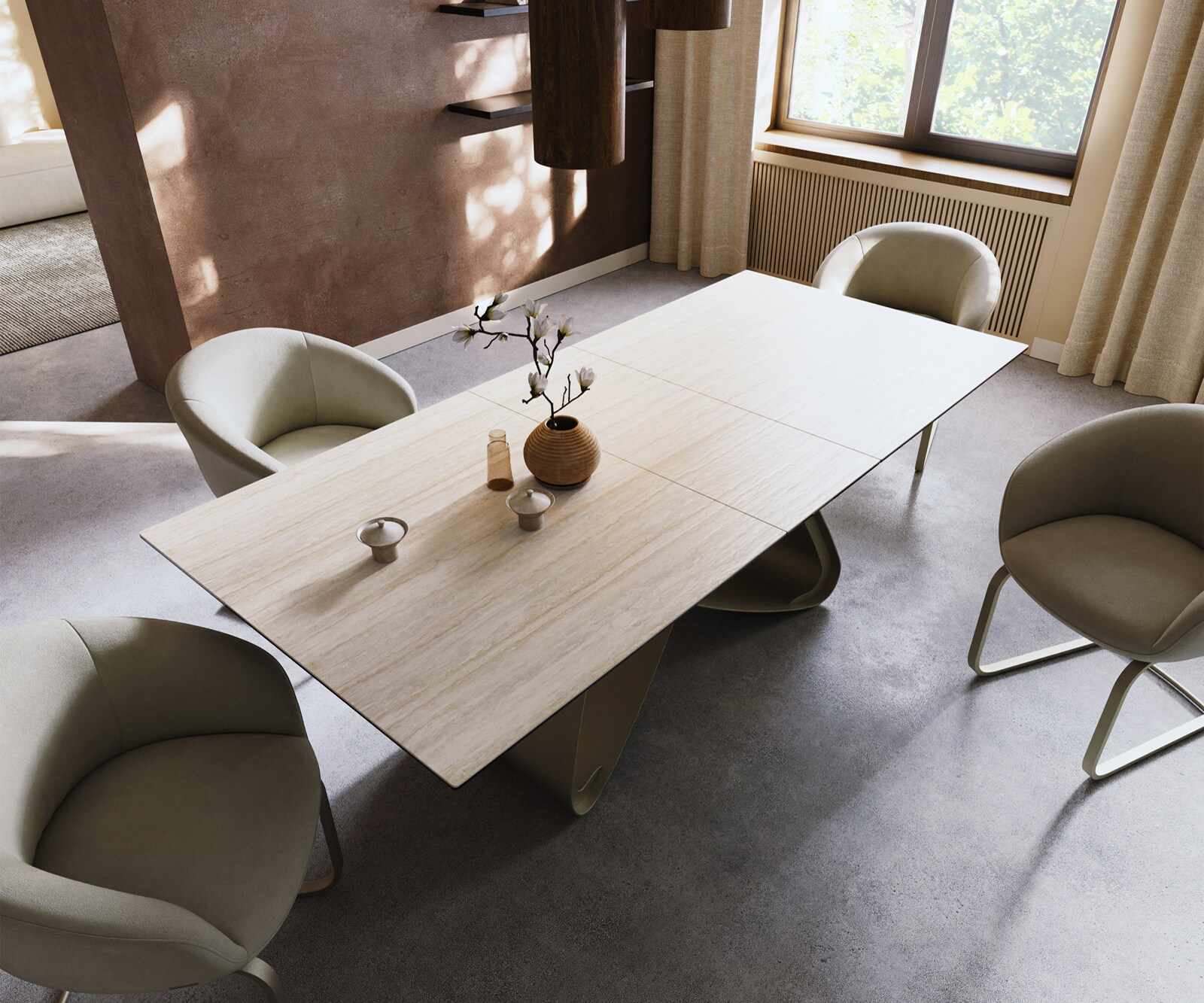 Stół do jadalni Edge 180-220x100cm ceramika Laminam® Travertino Bianco kremowo-biały rama W kolor tytanowy rozkładany 3