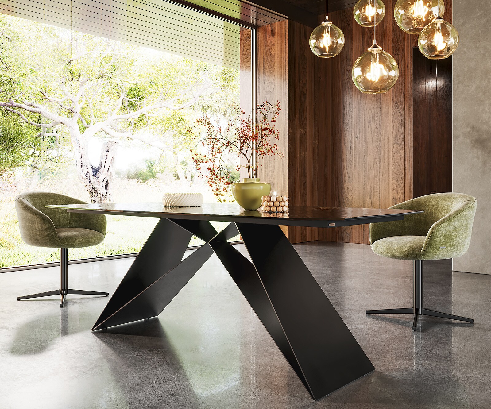 Stół do jadalni Edge kształt beczki 200x100cm szkło reliefowe czarne efekt 3D rama V metal czarna 4