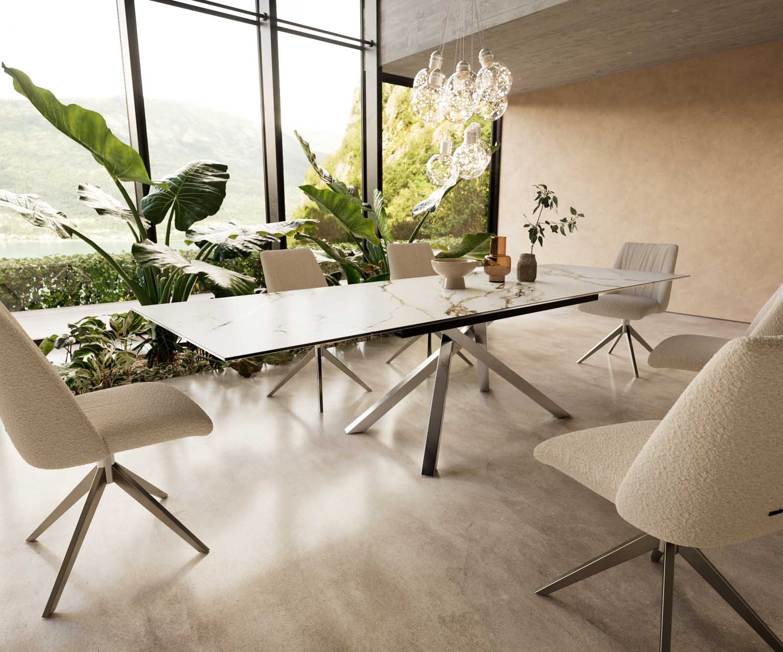 Stół do jadalni Edge 200-300x100 cm ceramika Calacatta Luxe biało-złoto-szary rama Cross stal nierdzewna rozkładany