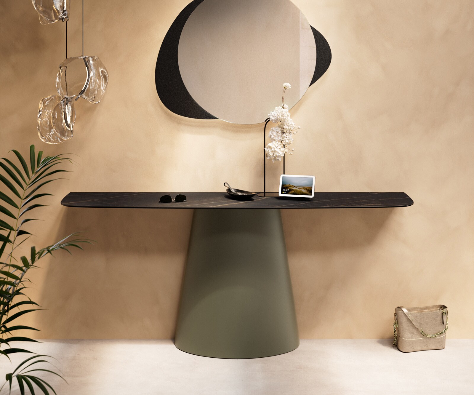 Konsola Edge w kształcie beczki 180x40 cm Laminam® Noir Desir brązowa rama Conos metal w kolorze tytanu 2