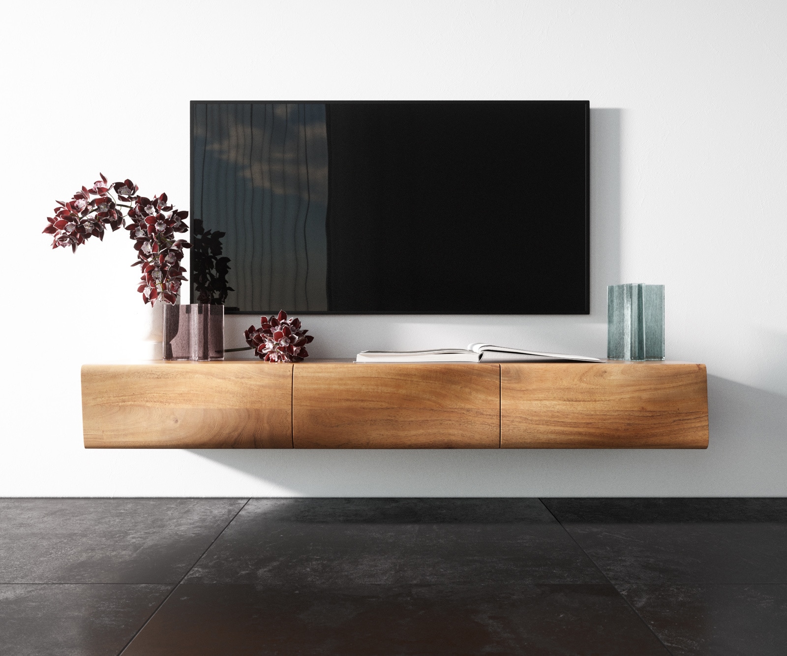 Szafka RTV New Live-Edge 145 cm akacja naturalna 3 drzwi podwieszana 3