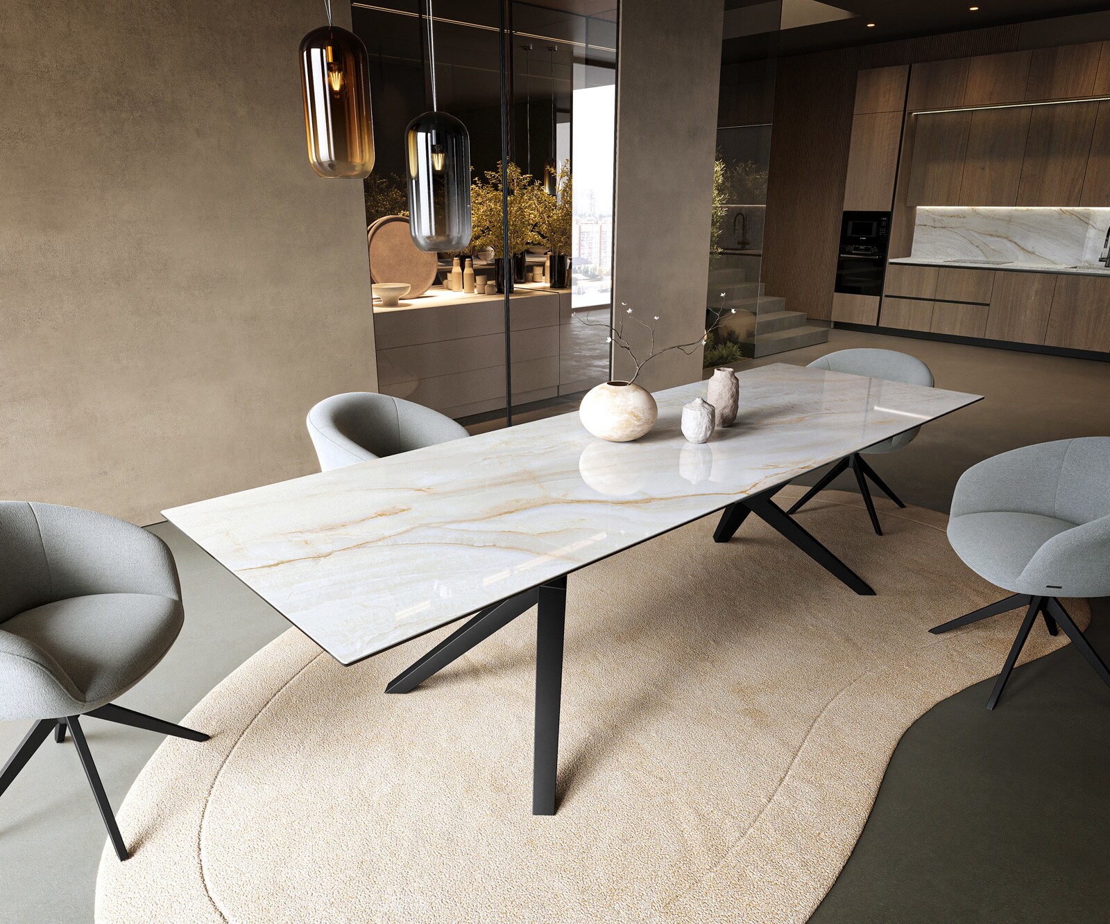 Stół do jadalni Edge 300x100cm ceramika Onyx Pearl rama Zenthara metal czarny