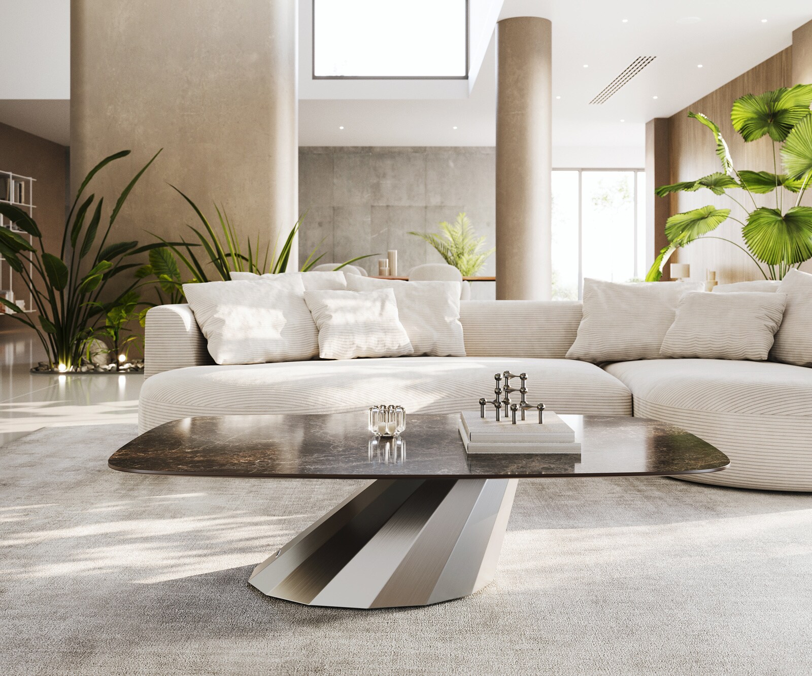 Stolik kawowy Edge w kształcie beczki 140x80 cm ceramika Laminam® Emperador Extra Lucidato ciemnobrązowa podstawa Parabi stal nierdzewna szczotkowana 2