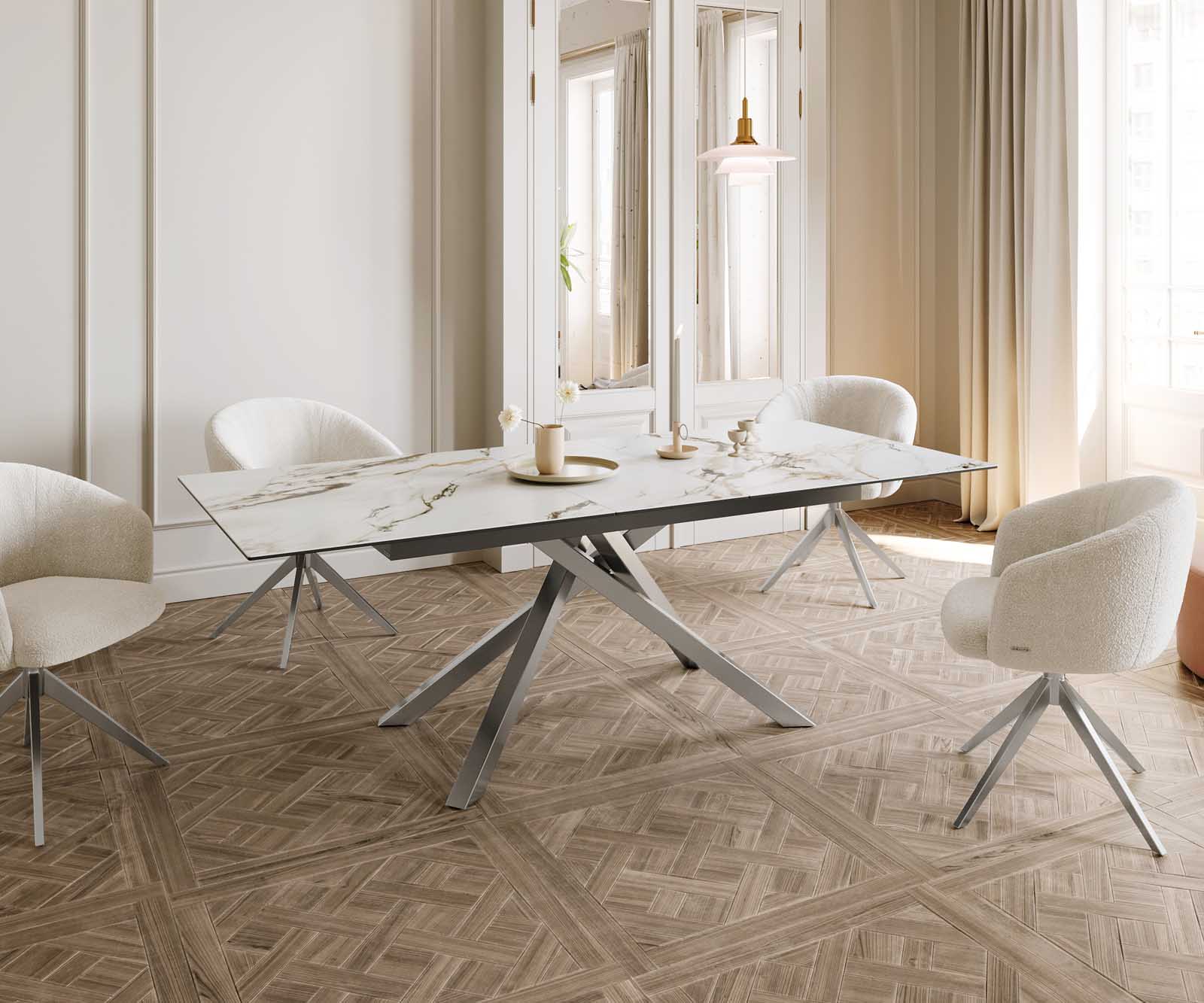Stół do jadalni Edge 180-220x100 cm ceramika Calacatta Luxe biało-złoto-szary rama Cross stal nierdzewna rozkładany 8