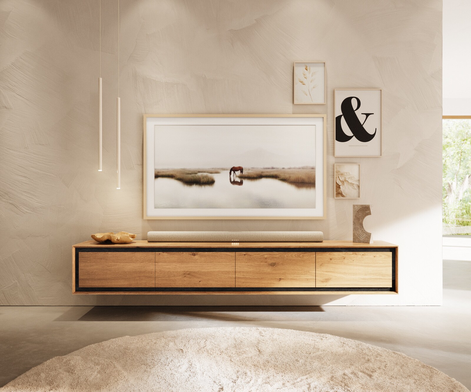 Szafka RTV Stonegrace 200 cm dąb naturalny 4 drzwi fornir kamienny podwieszana 1