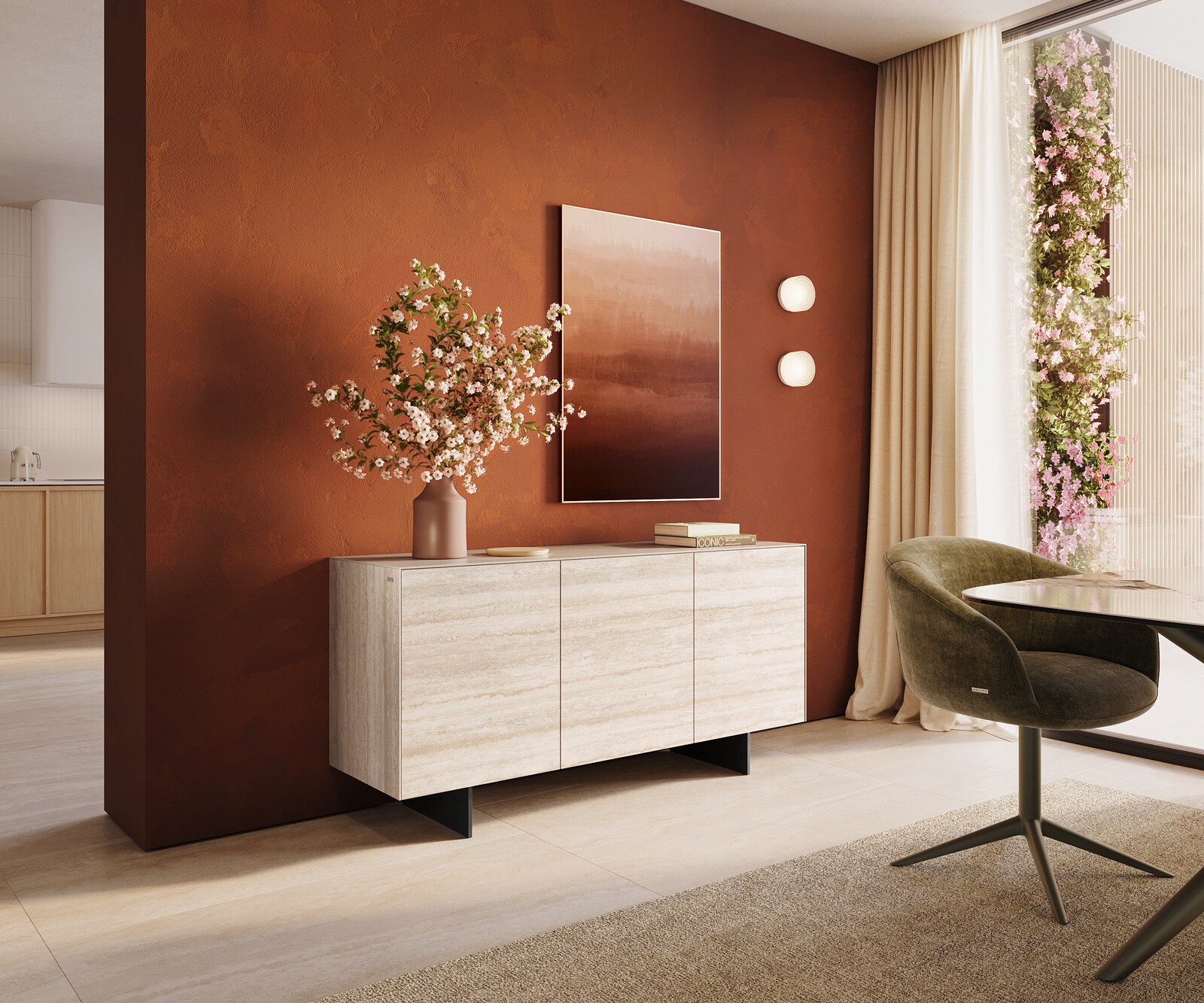 Komoda Cuor 150 cm ceramika Laminam® Travertino Bianco kremowo-biała 3 drzwi nóżki wąskie czarny metal 1