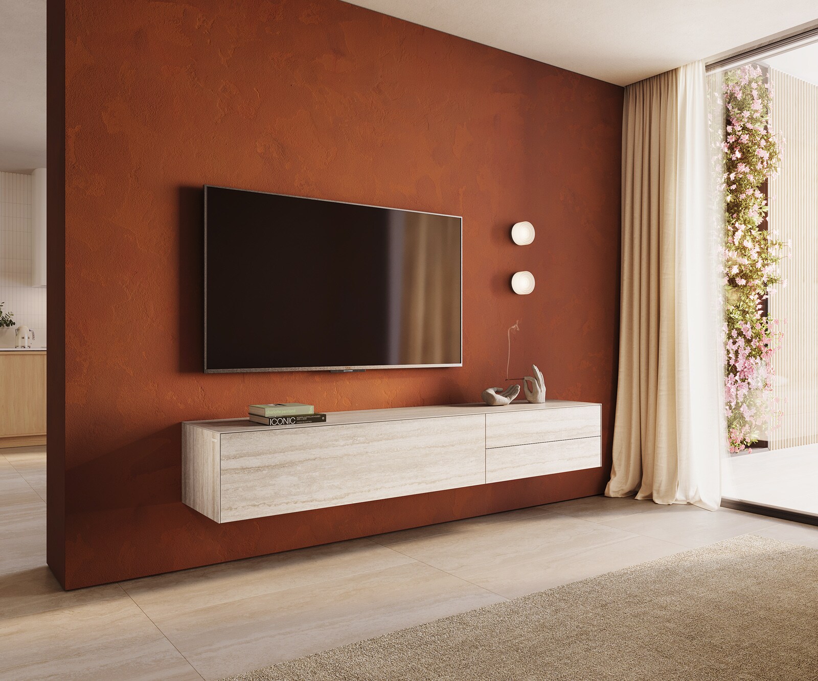 Szafka RTV Cuor 220 cm ceramika Laminam® Travertino Bianco kremowo-biała 1 klapa 2 szuflady podwieszana 1