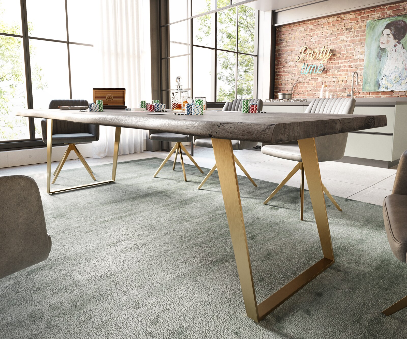 Stół do jadalni Edge 260x100cm XL akacja platynowa stal nierdzewna złota rama pochylona 3