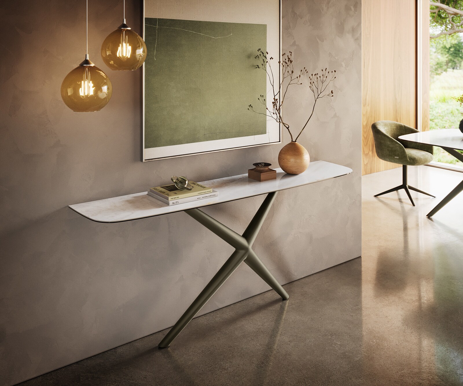 Konsola Edge w kształcie beczki 180x40 cm ceramika Onyx Pearl rama Estelo metal w kolorze tytanu 4