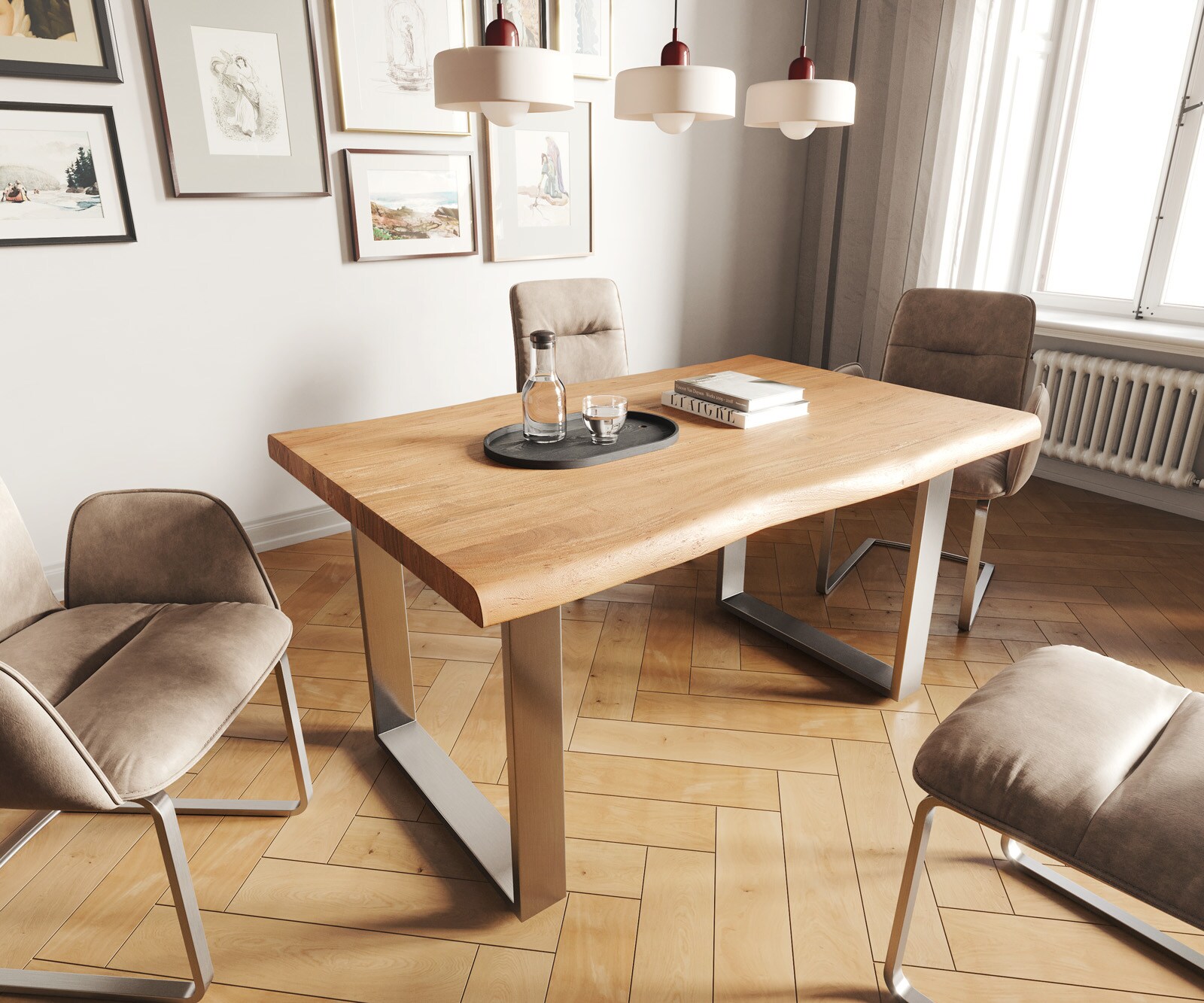 Stół do jadalni Edge 140x90cm XL akacja naturalna stal nierdzewna wąska rama live-edge