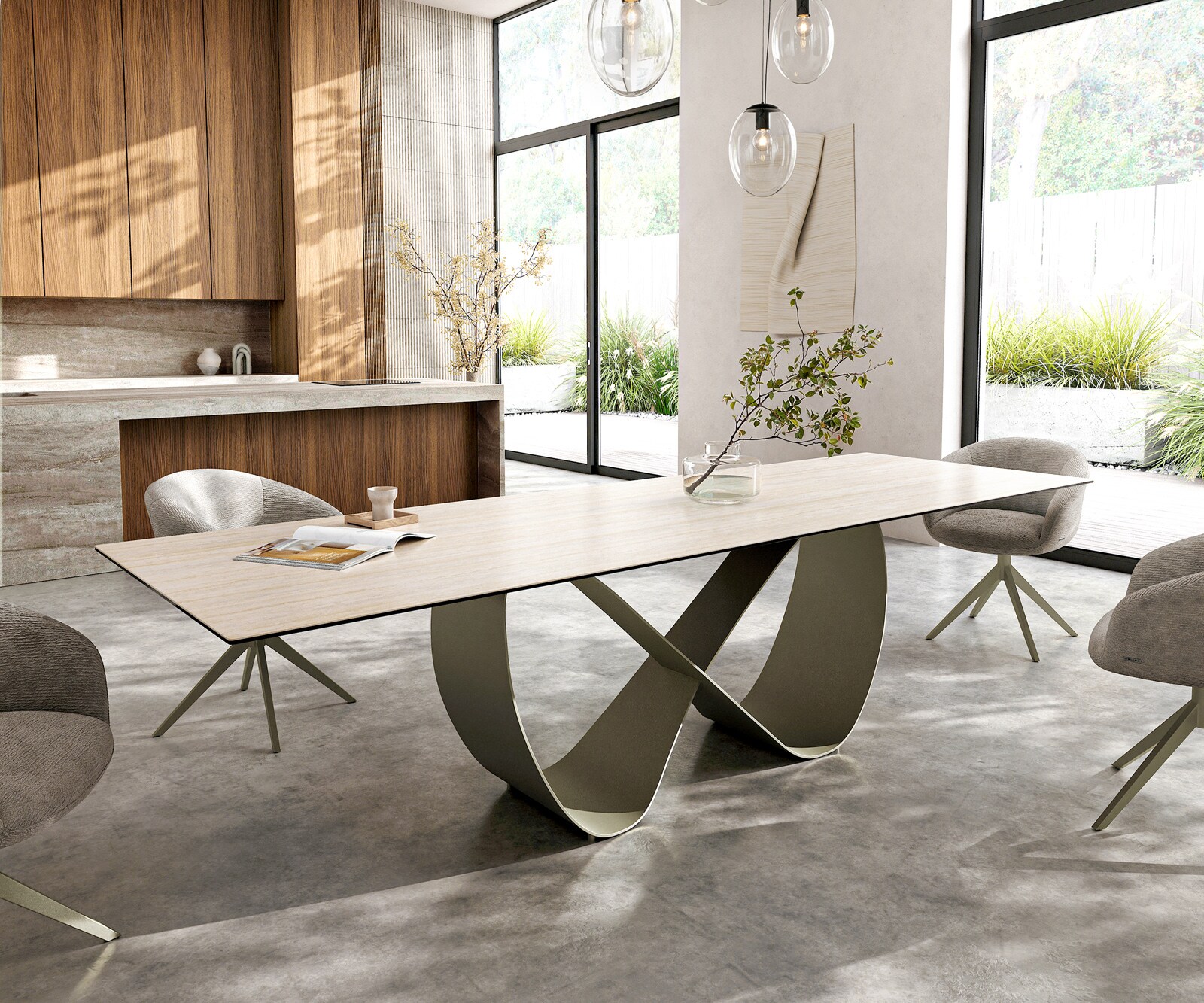 Stół do jadalni Edge 300x100cm ceramika Laminam® Travertino Bianco kremowo-biały rama Infinity metal kolor tytanowy