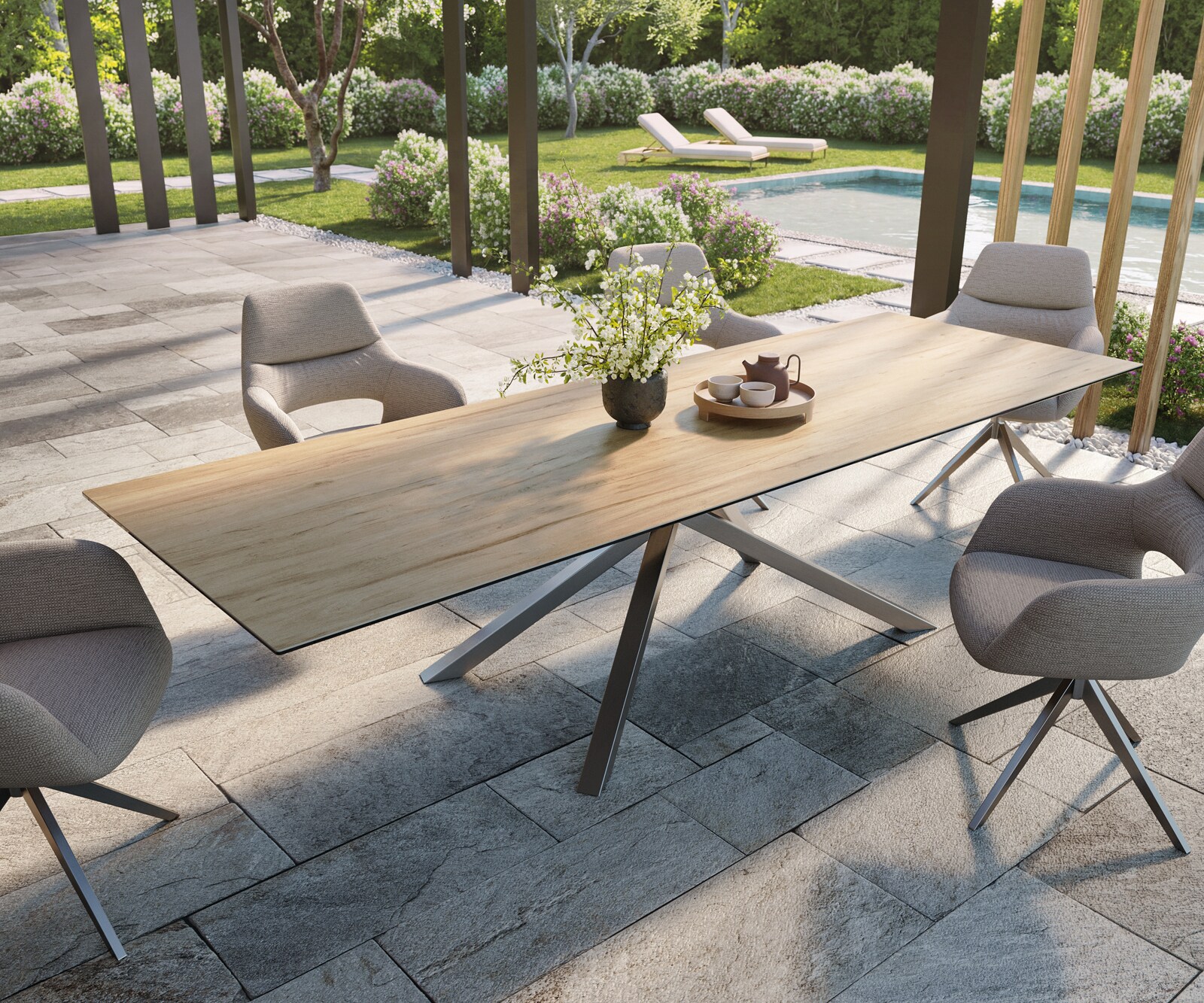 Stół ogrodowy Edge 300x100 cm ceramika Laminam® Sabbia kolor dębu rama Cross stal nierdzewna