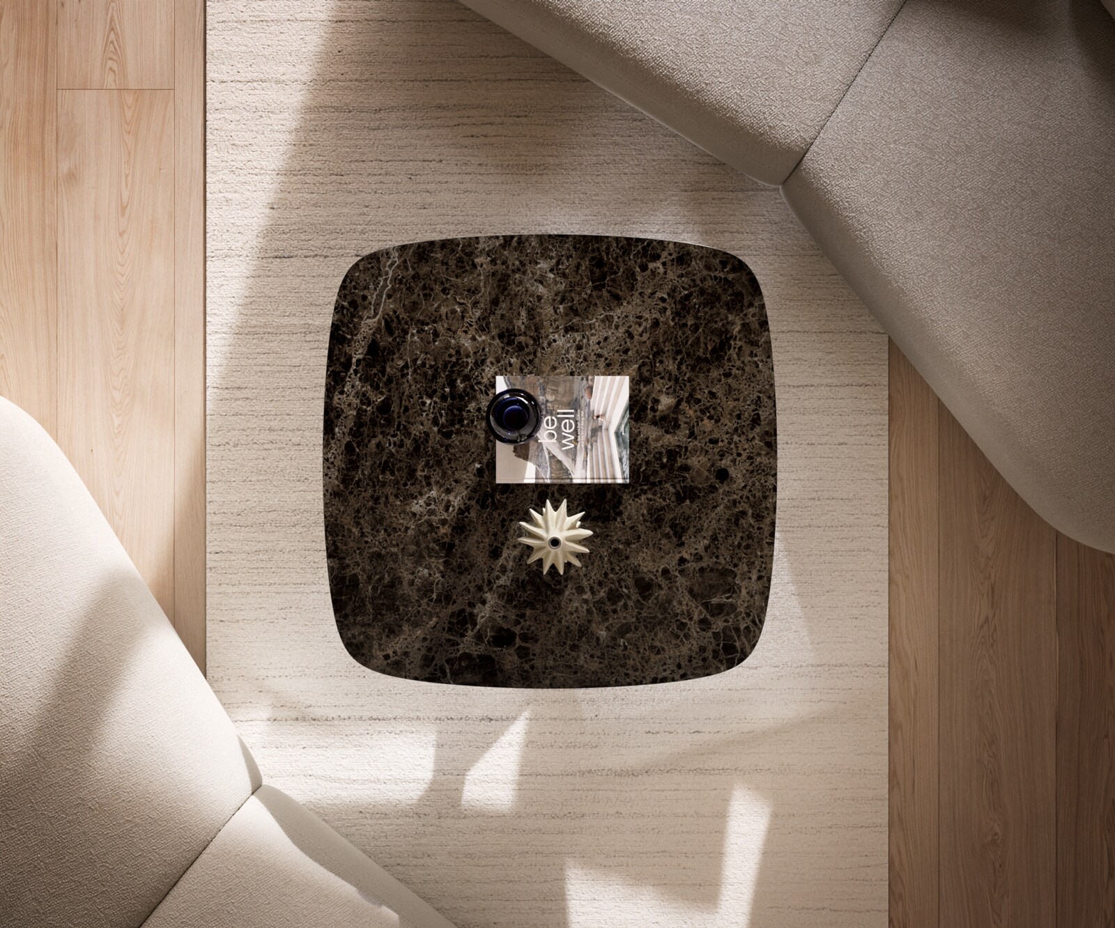 Stolik kawowy Edge w kształcie beczki 90x90 cm ceramika Laminam® Emperador Extra Lucidato ciemnobrązowy Conis czarny metal 6