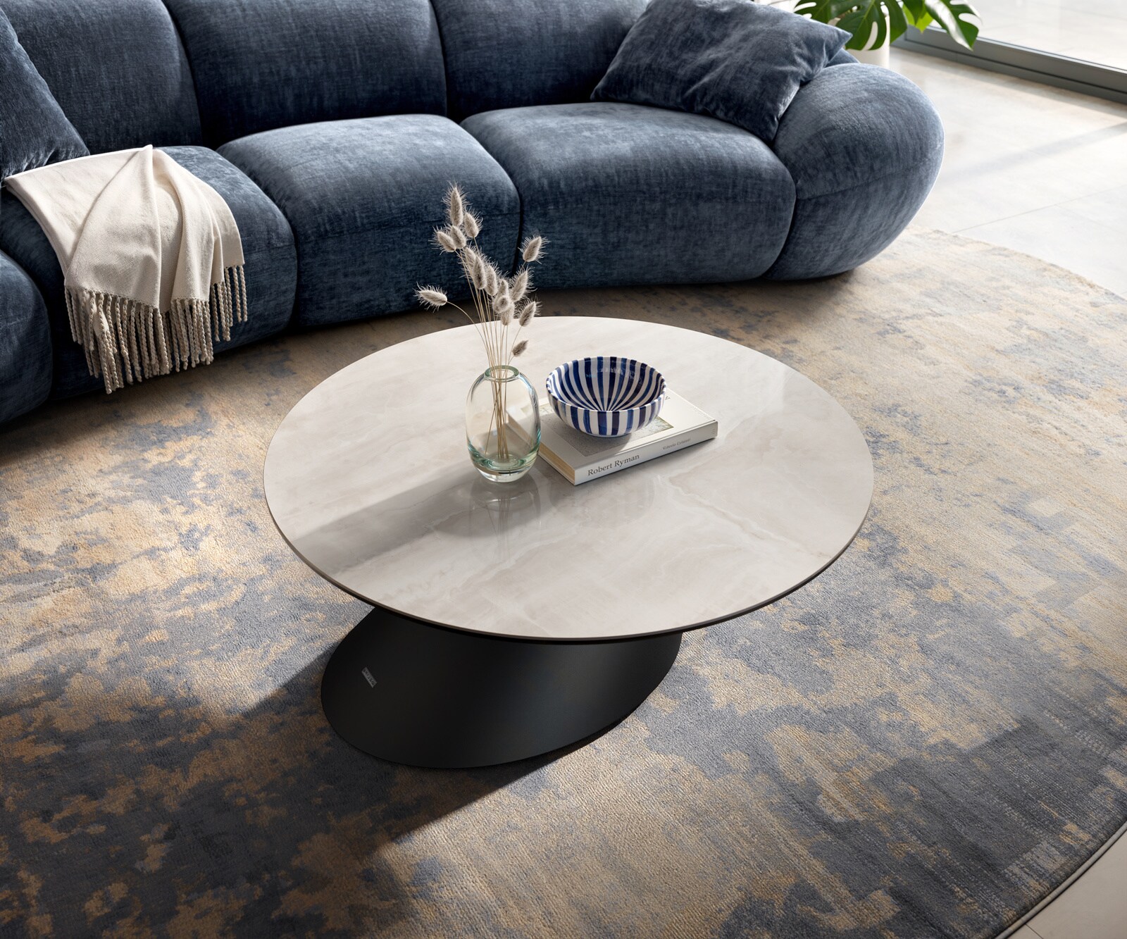 Stolik kawowy Edge okrągły 90x90 cm ceramika Onyx Champagne podstawa Conis metal czarny 4