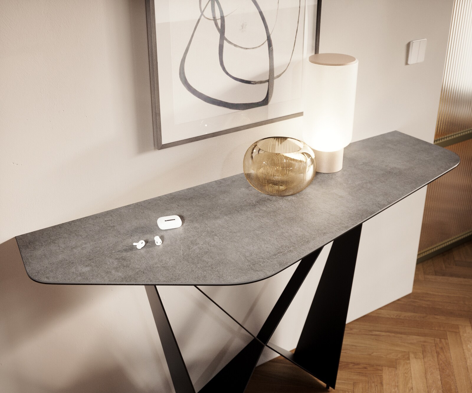 Konsola Edge wielokątna 140x50 cm ceramika w kolorze betonowej szarości podstawa Spios metal czarny 6