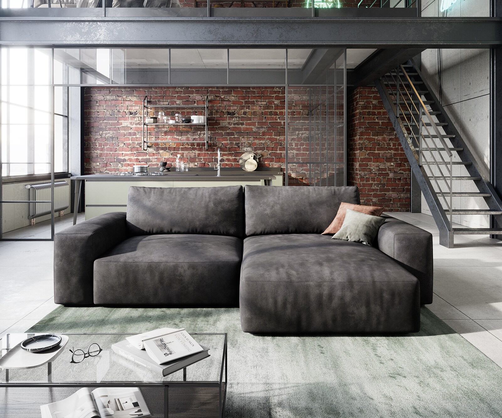 Sofa narożna Lanzo 230x155 cm skóra ekologiczna antracyt vintage szezlong z możliwością zmiennego montażu 1