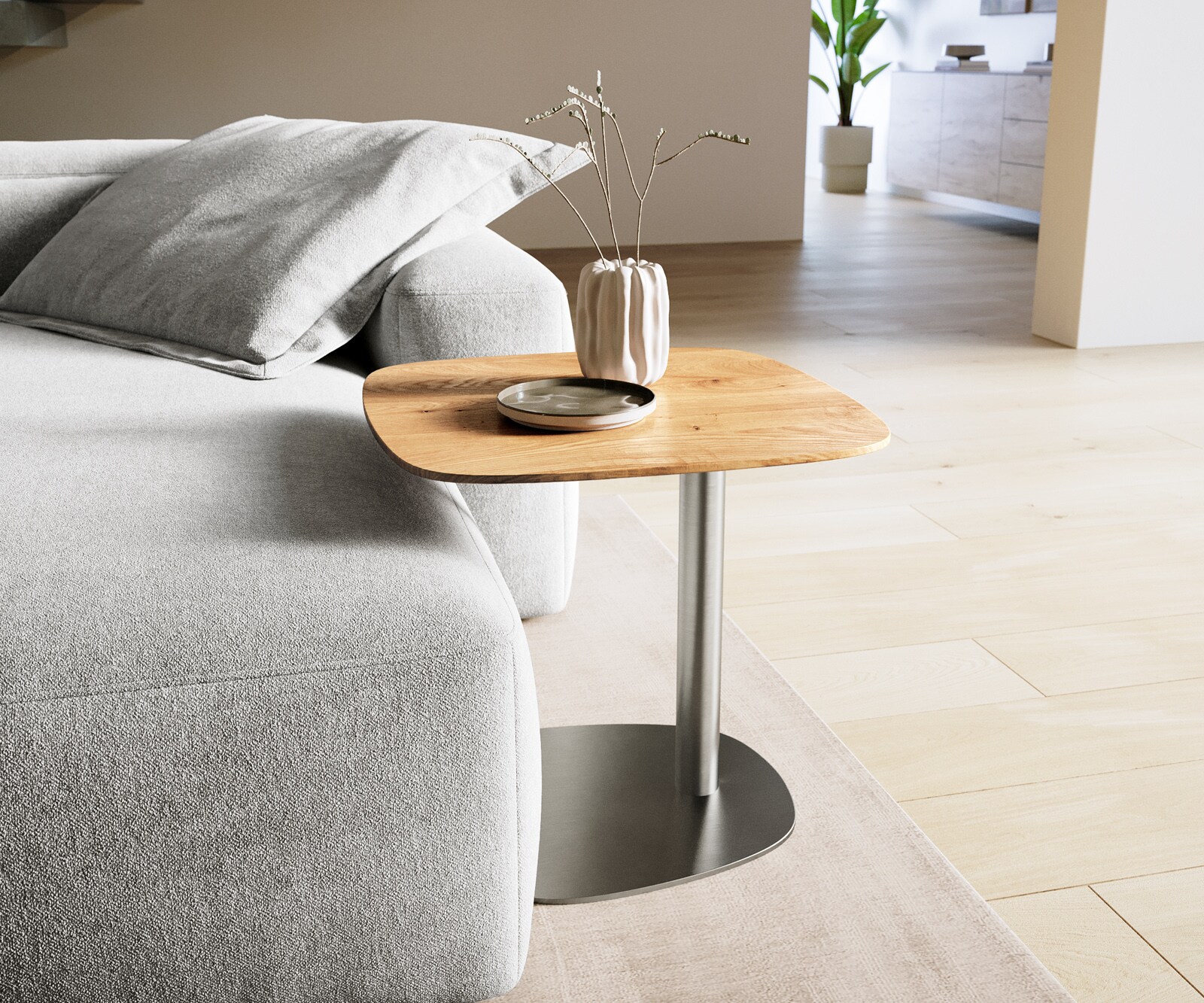 Stolik kawowy Edge w kształcie beczki 50x50 cm dąb naturalny krawędź szwajcarska 1