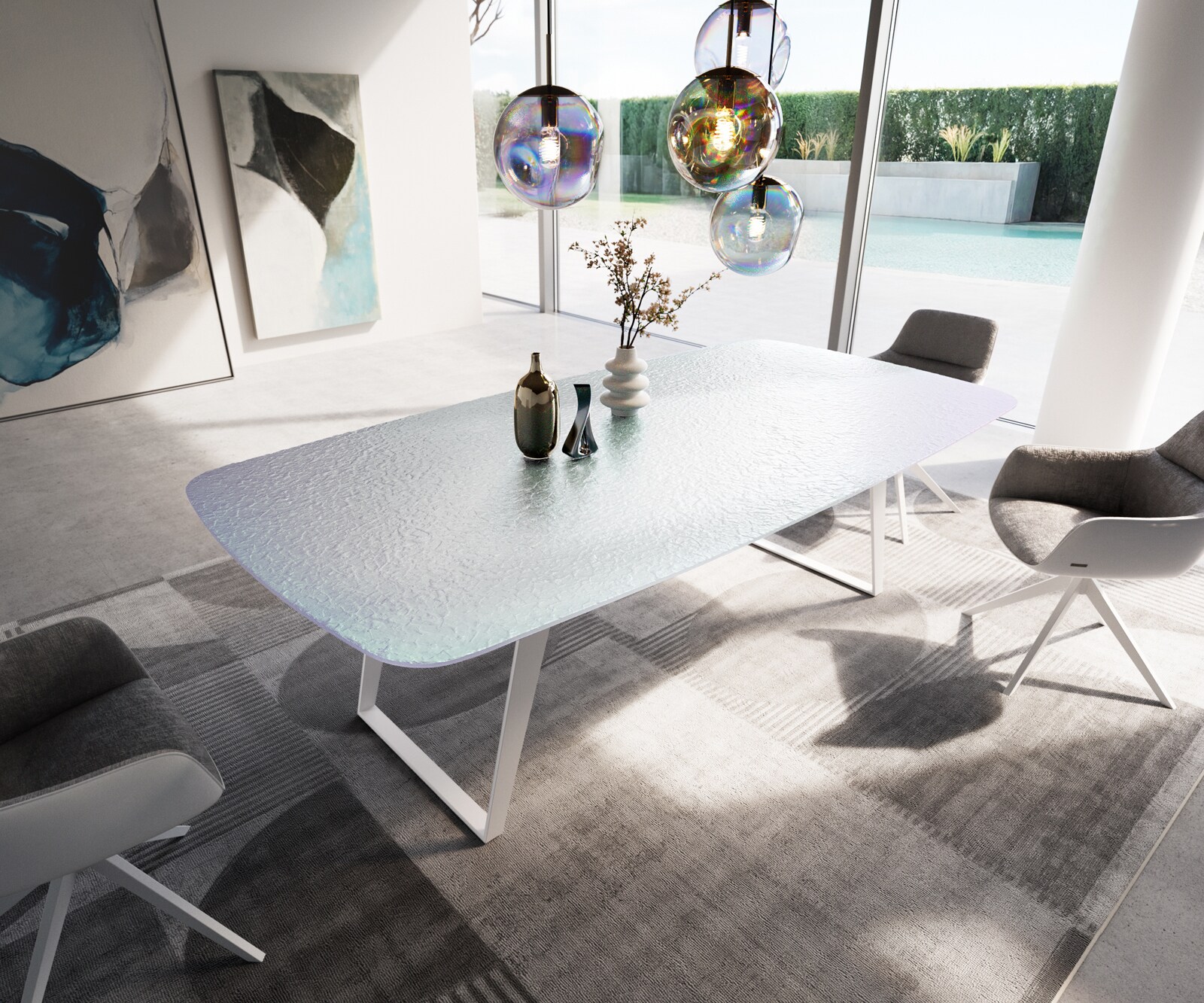 Stół do jadalni Edge w kształcie beczki 240x120 cm szkło reliefowe masa perłowa efekt 3D rama pochylona biała