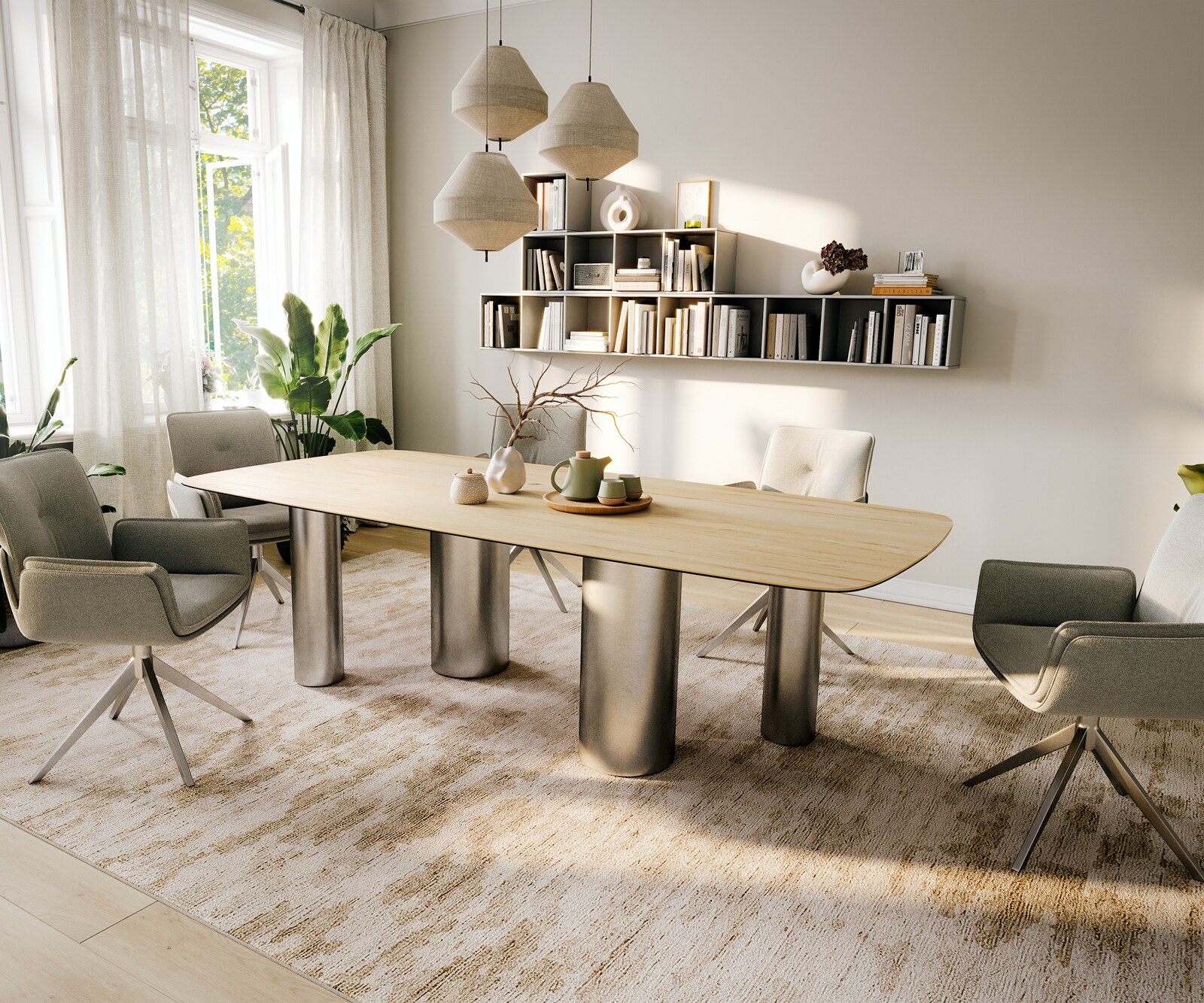 Stół do jadalni Edge w kształcie beczki 260x120 cm ceramika Laminam® Sabbia w kolorze dębu rama Pilier stal nierdzewna szczotkowana 6