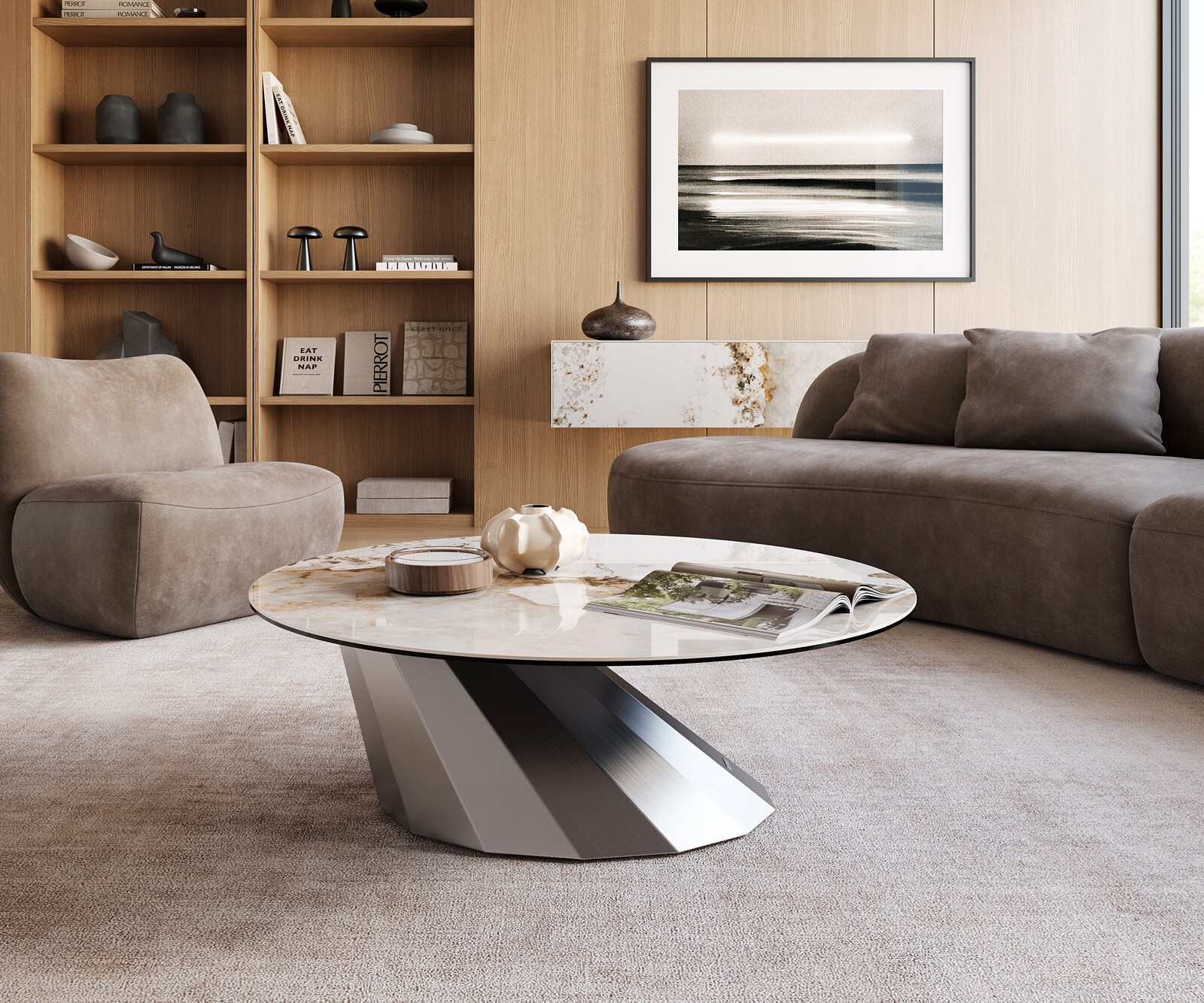 Stolik kawowy Edge okrągły 100x100 cm ceramika Minas Melange Parabi stal nierdzewna gebürstet 2