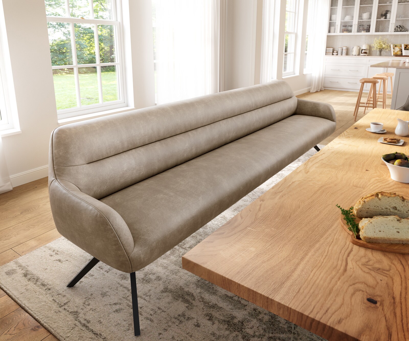 Ławka do jadalni Taya-Flex 300 cm mikrofibra beżowy vintage podstawa krzyżowa kątowa metal czarny sprężyny kieszeniowe 1