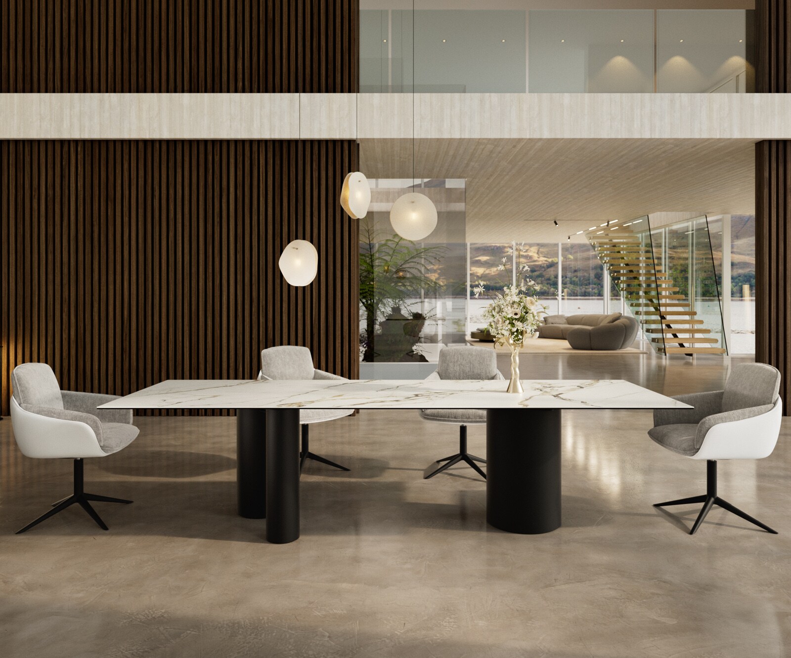 Stół do jadalni Edge 300x100cm ceramika Calacatta Luxe biało-złoto-szary rama Troa metal czarny