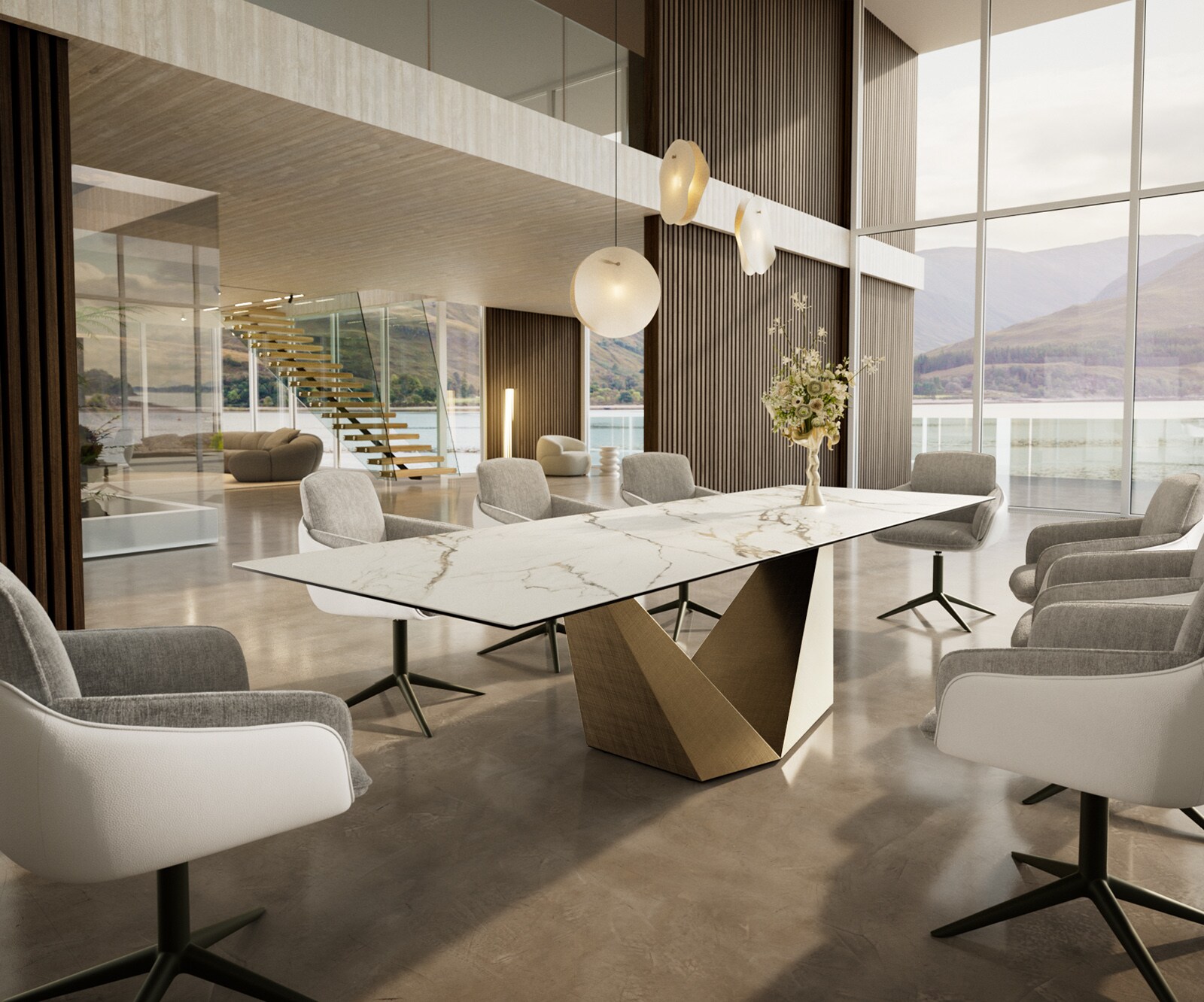 Stół do jadalni Edge 300x100cm ceramika Calacatta Luxe biało-złoto-szary rama Prisma metaliczny złoty 6