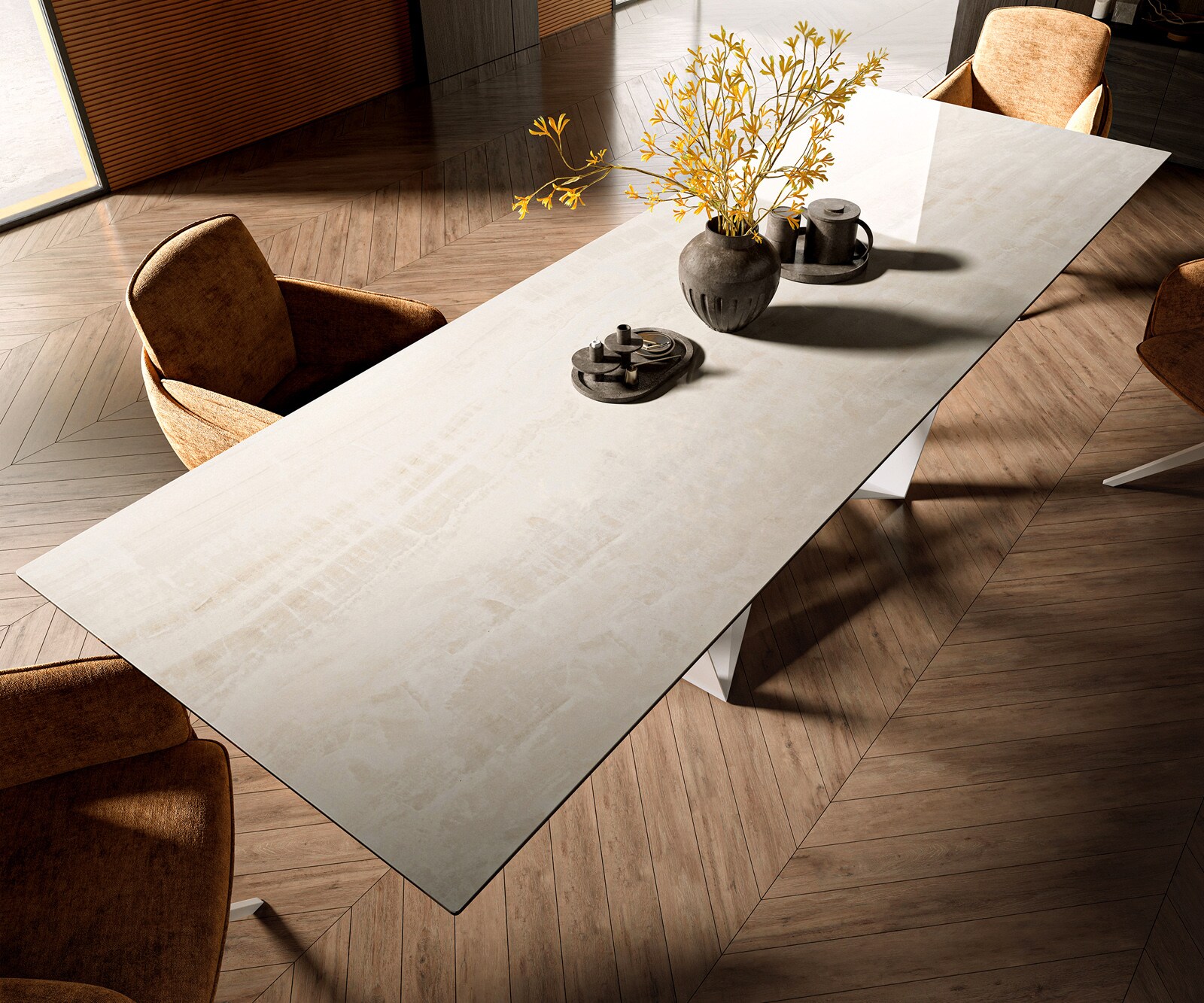 Stół do jadalni Edge 300x100 cm ceramika Onyx Champagne rama Spider metal biały 4