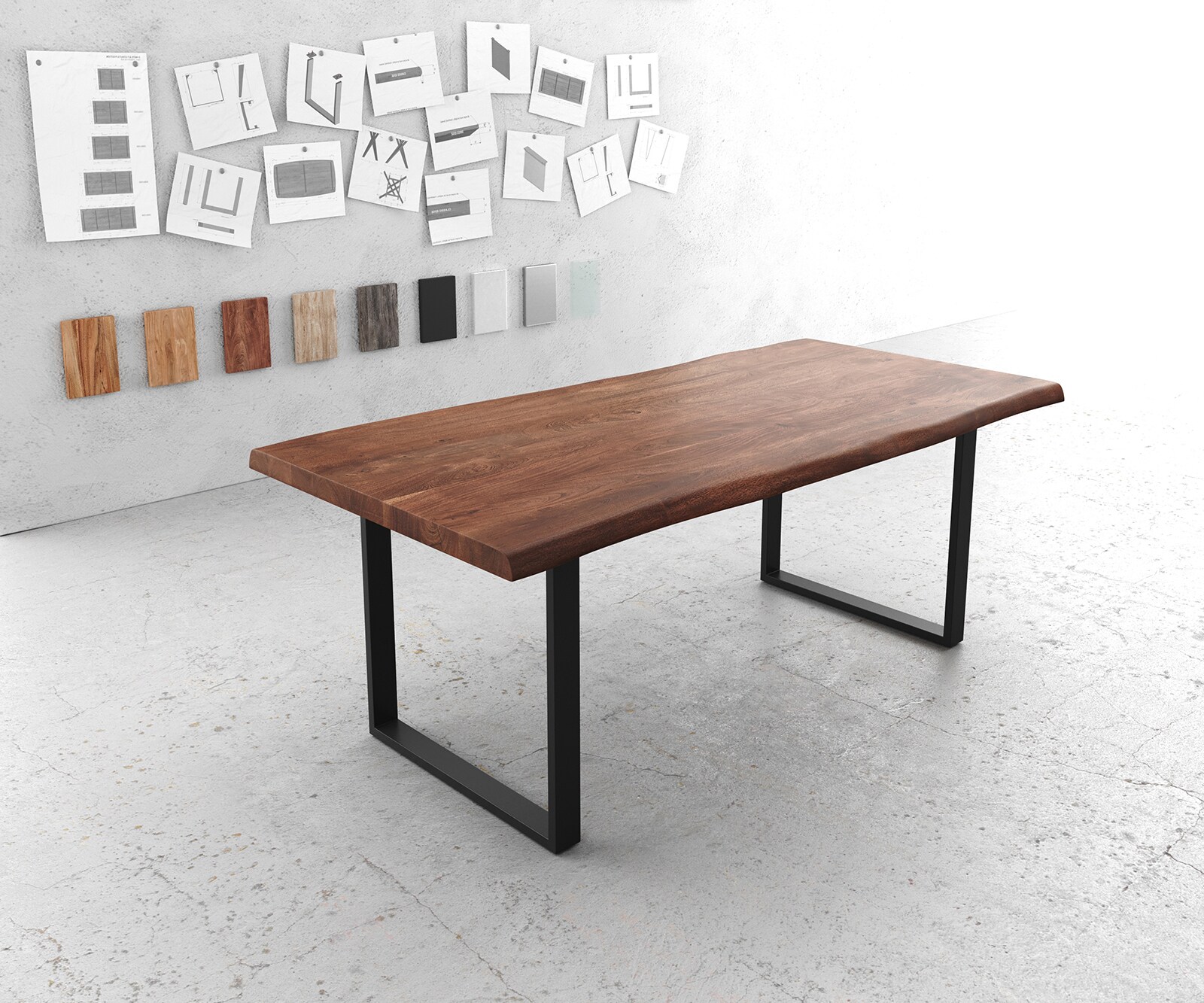 Stół do jadalni Edge 200x100 cm XL akacja brązowa metal wąska rama czarna live-edge