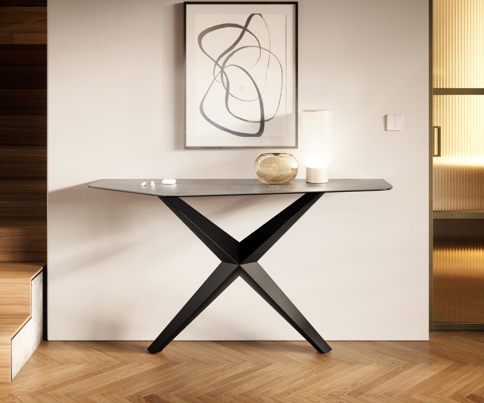 Konsola Edge wielokątna 140x50 cm ceramika w kolorze betonowej szarości podstawa Zentharo metal czarny 4