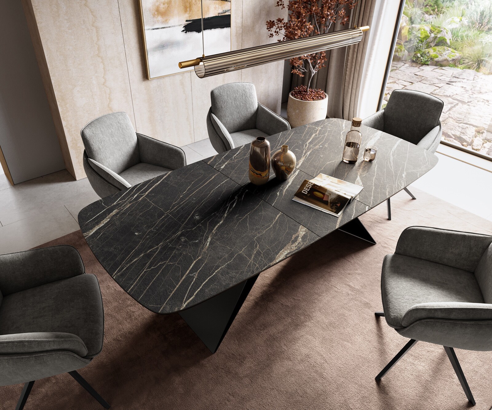 Stół do jadalni Edge w kształcie beczki 180-220x100 cm Laminam® ceramika Noir Desir Braun rama typu V metal czarny rozkładany 4