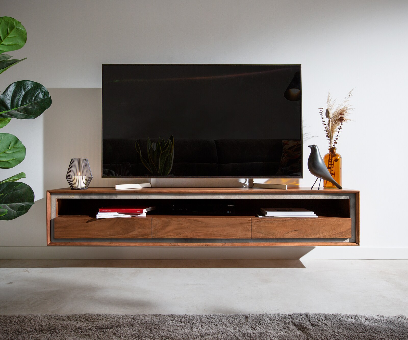 Szafka RTV Stonegrace 175 cm akacja brązowa fornir kamienny 3 szuflady 1 przegroda podwieszana 1