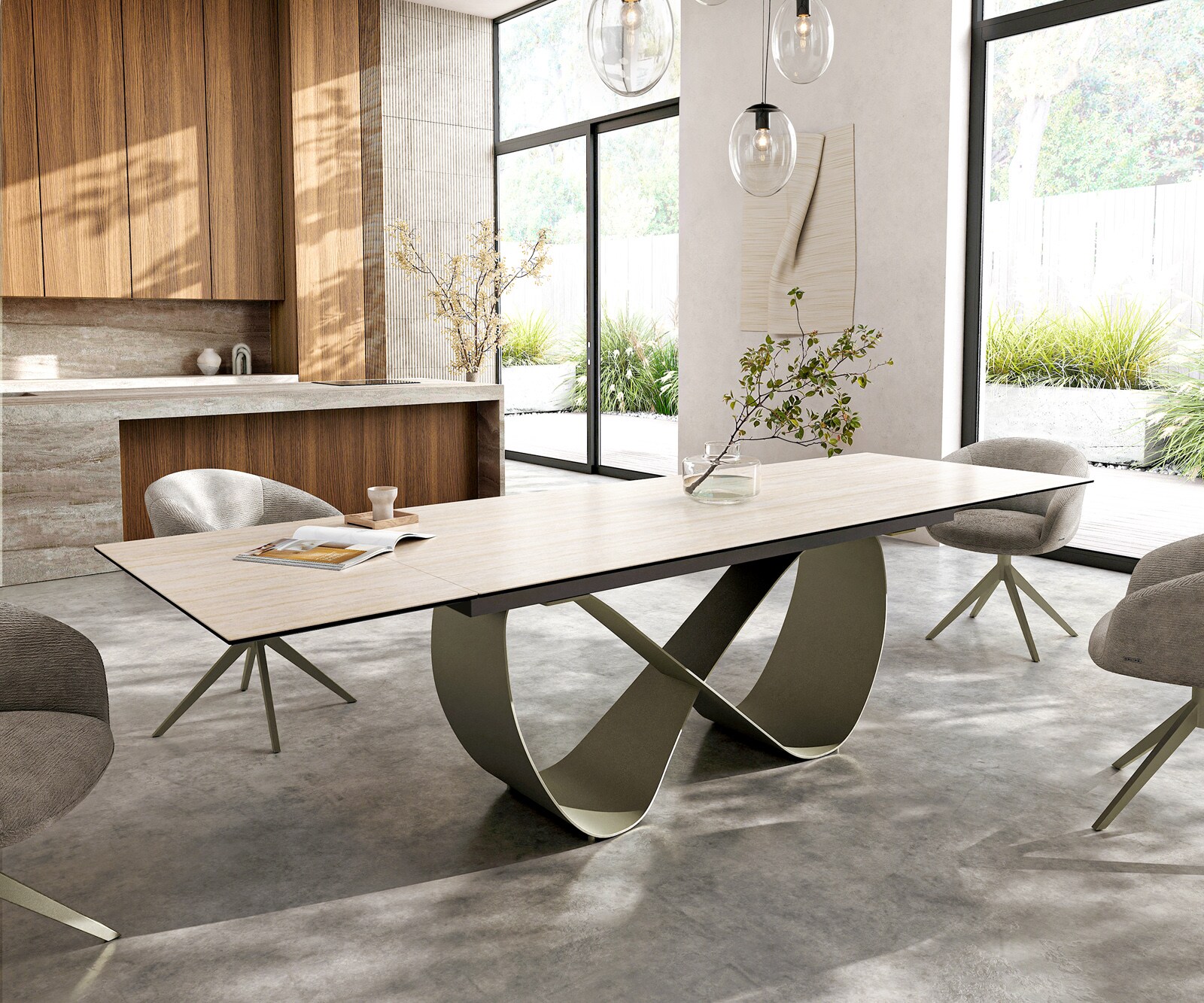 Stół do jadalni Edge 200-300x100cm ceramika Laminam® Travertino Bianco kremowo-biały rama Infinity metal kolor tytanowy rozkładany