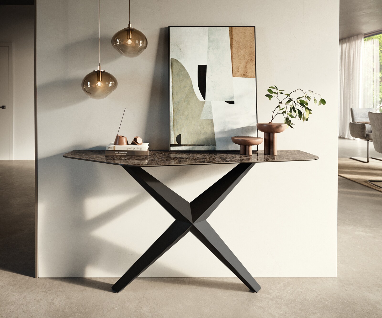 Konsola Edge wielokątna 140x50 cm ceramika Emperador Extra Lucidato ciemnobrązowa podstawa Zentharo metal czarny 1
