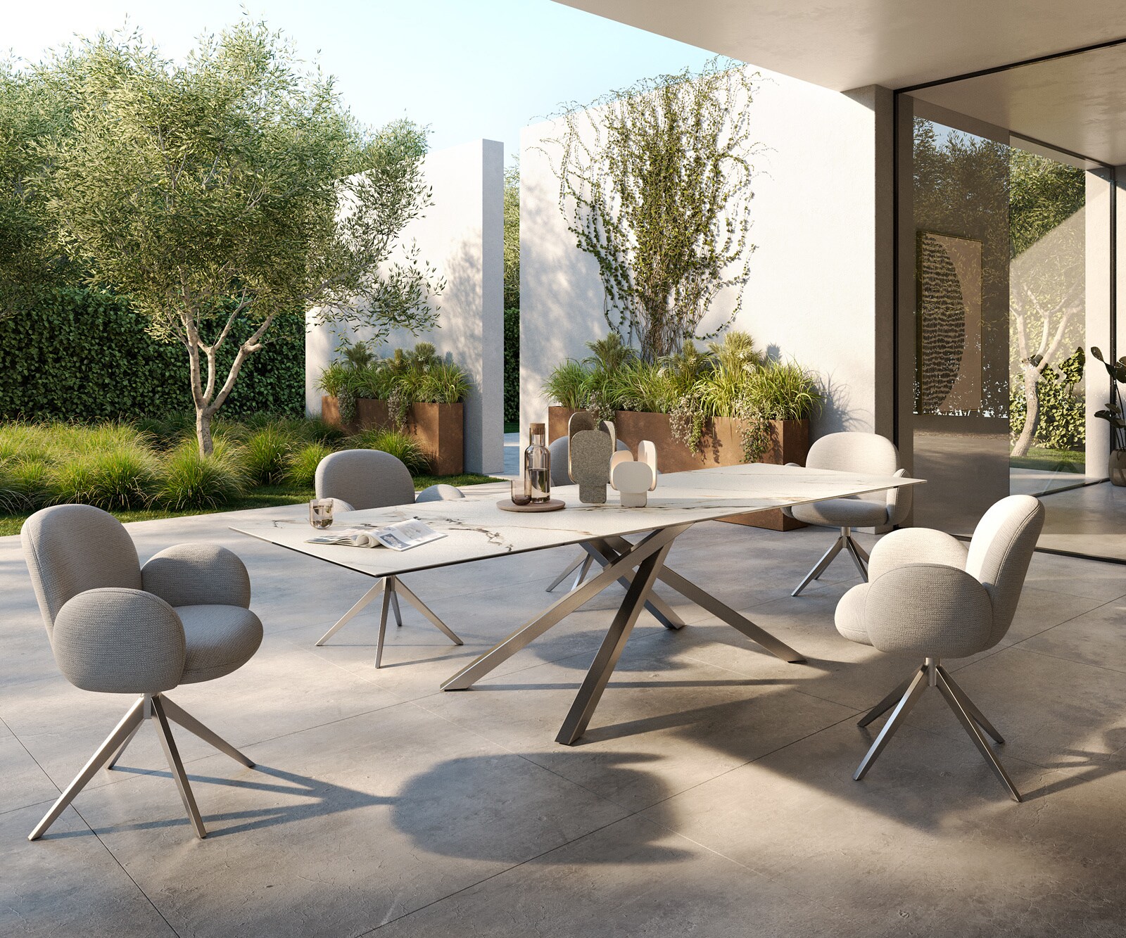 Stół ogrodowy Edge 300x100 cm ceramika Calacatta Luxe biało-złoto-szary rama Cross stal nierdzewna 5