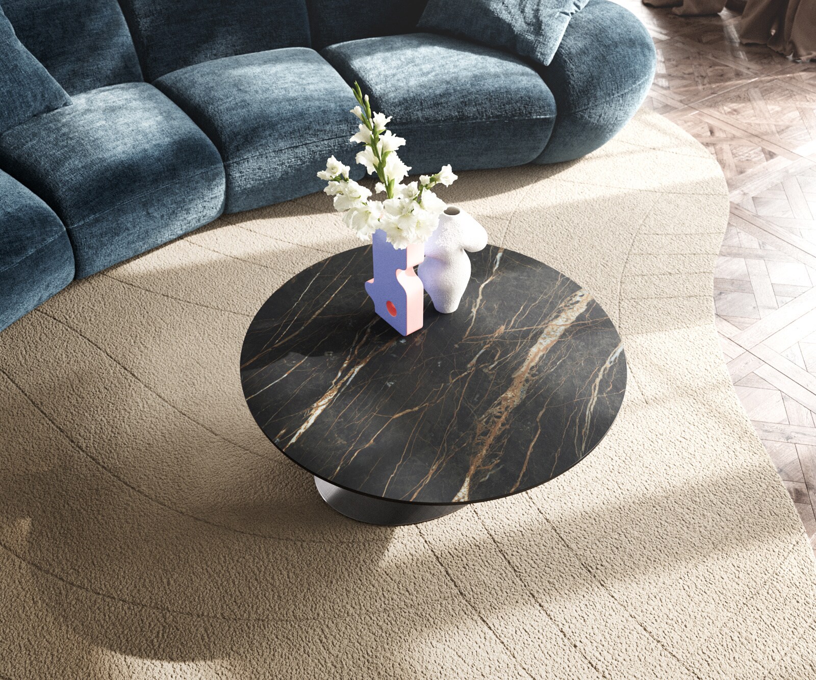 Stolik kawowy Edge okrągły 90x90 cm ceramika Laminam® Noir Desir brązowy Conis srebrny metaliczny 4