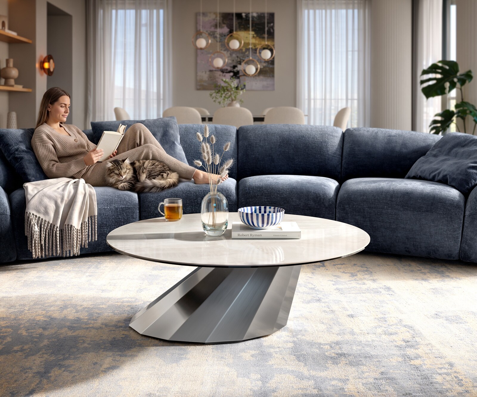 Stolik kawowy Edge okrągły 100x100 cm ceramika Onyx Champagne podstawa Parabi stal nierdzewna szczotkowana 2