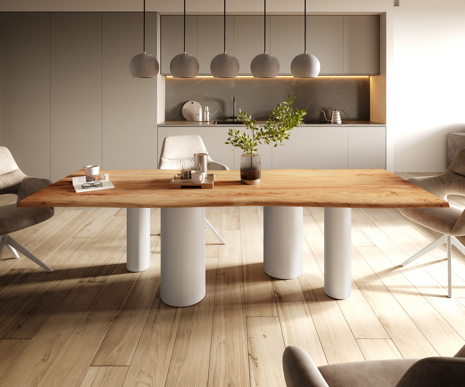 Stół do jadalni Edge 260x100 cm akacja naturalna rama Pilier metal biały 2