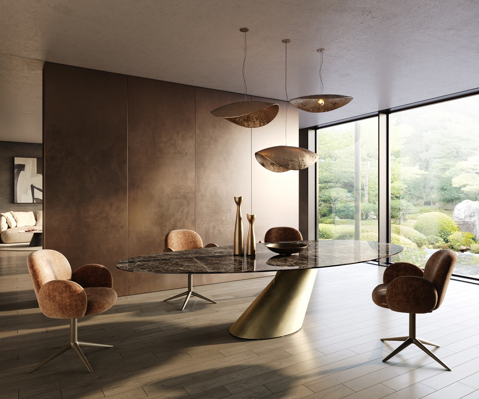 Stół do jadalni Edge owalny 315x150 cm ceramika Emperador Extra Lucidato ciemnobrązowa rama Cono metaliczny złoty 5