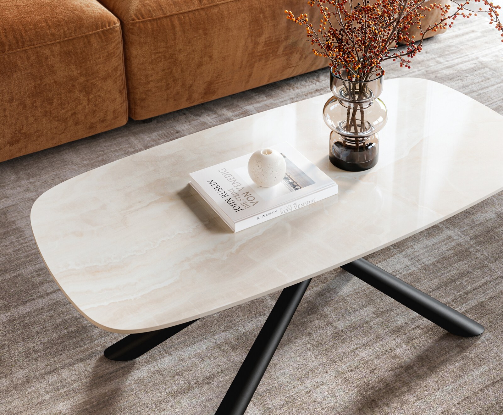 Stolik kawowy Edge w kształcie beczki 100x50 cm ceramika Onyx Champagne podstawa Sarity metal czarny 4