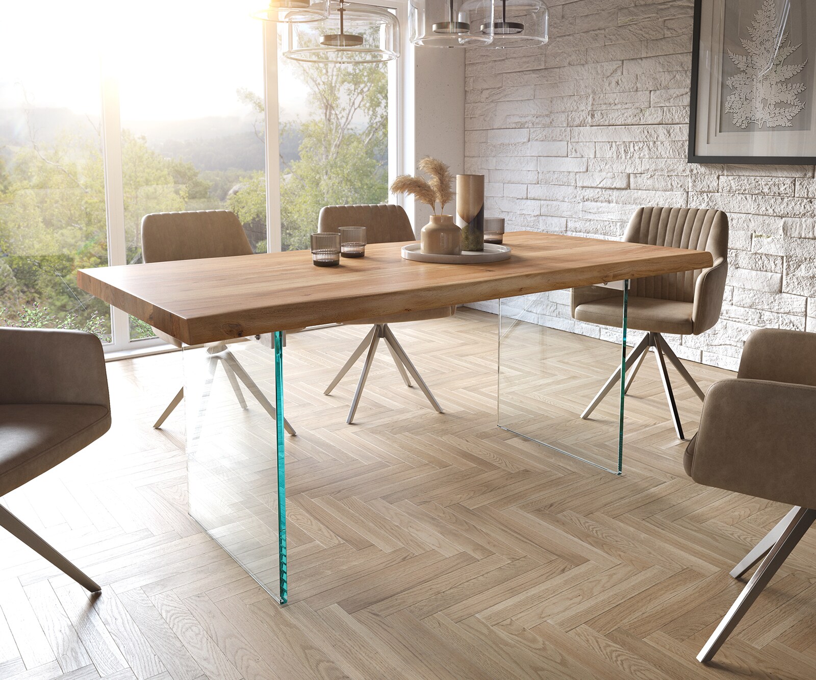 Stół do jadalni Edge 180x90cm XL akacja naturalna szklana rama live-edge